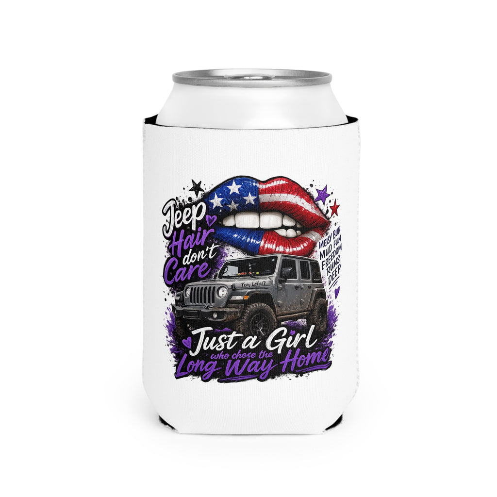 “Jeep Hair Don’t Care” Patriotic Off‑Road Girl Koozie Can Cooler Sleeve