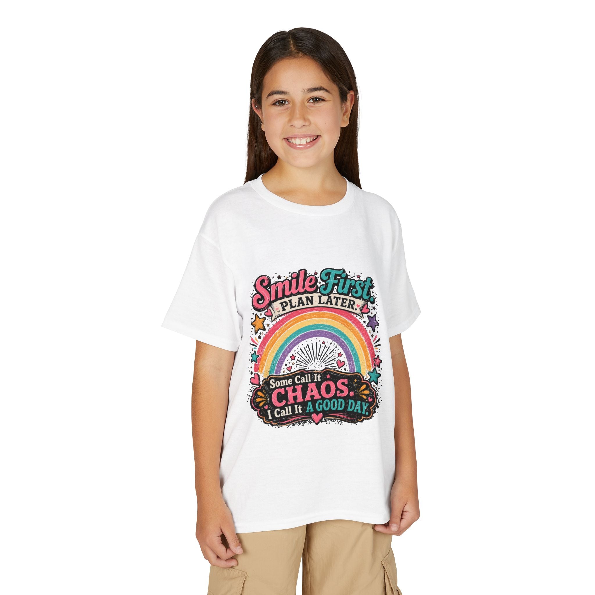 "Smile First, Plan Later" Rainbow Chaos Graphic Tee - Youth T-Shirt —
