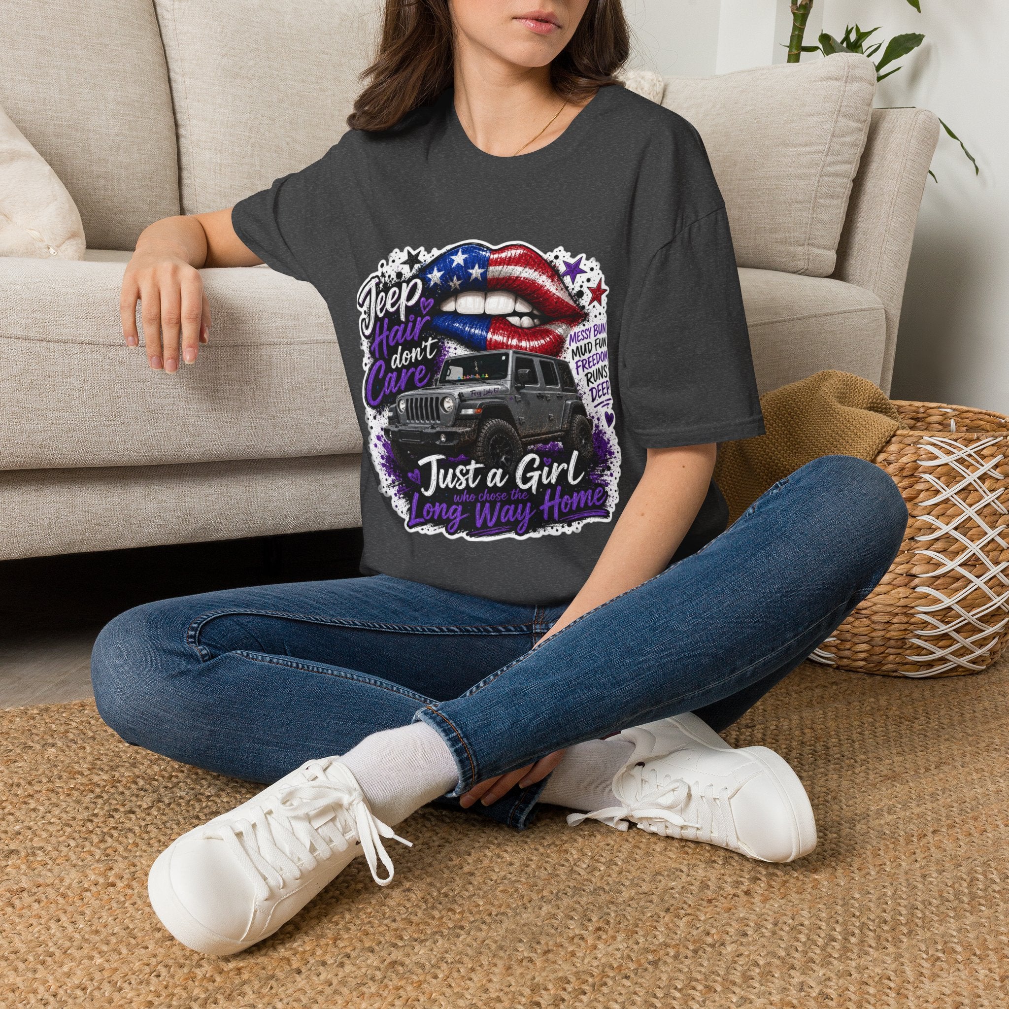 Jeep Hair Don't Care T-Shirt — American Flag Lips Off-Road Truck Tee