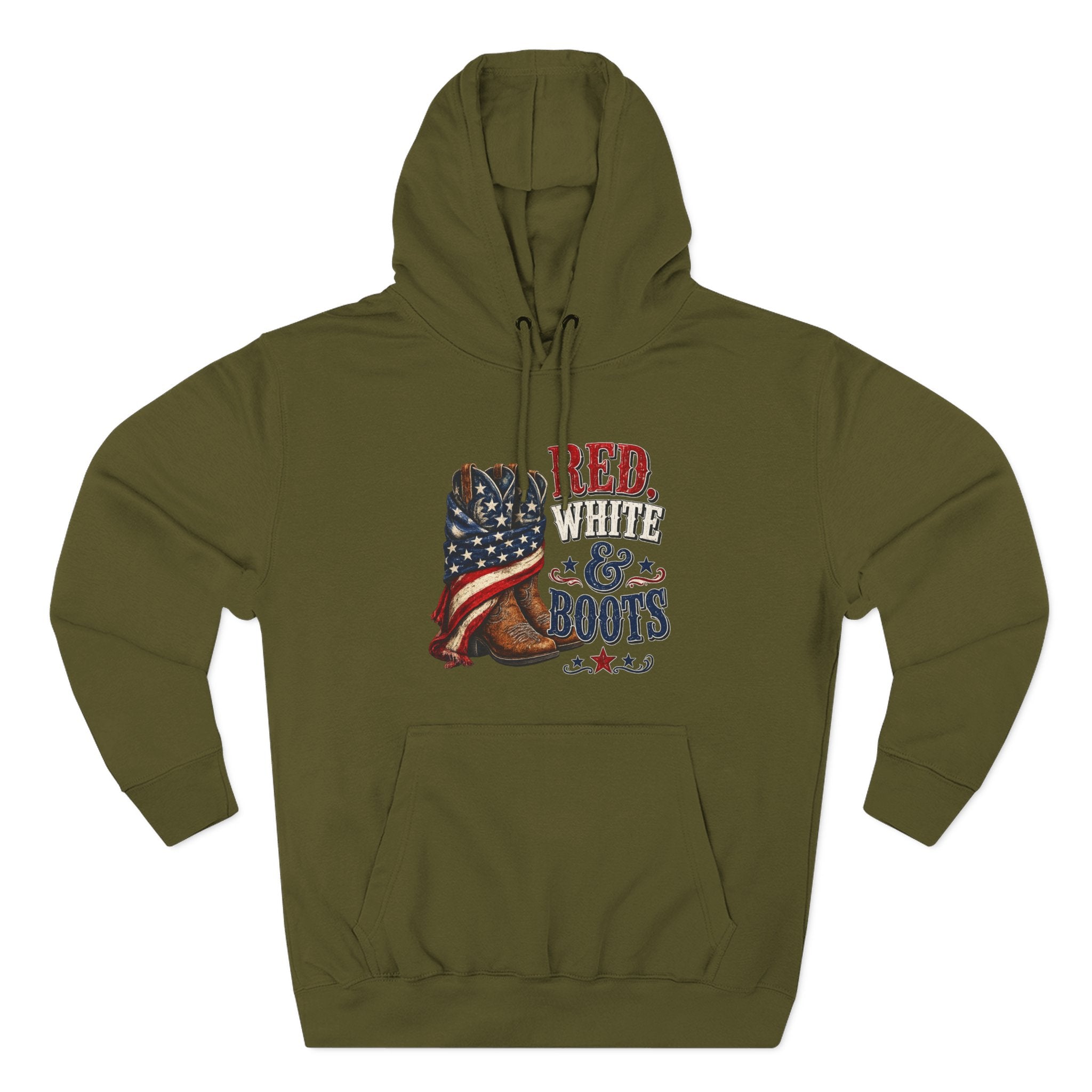 Patriotic 'Red White & Boots' Hoodie — American Flag Cowboy Boots Pullover