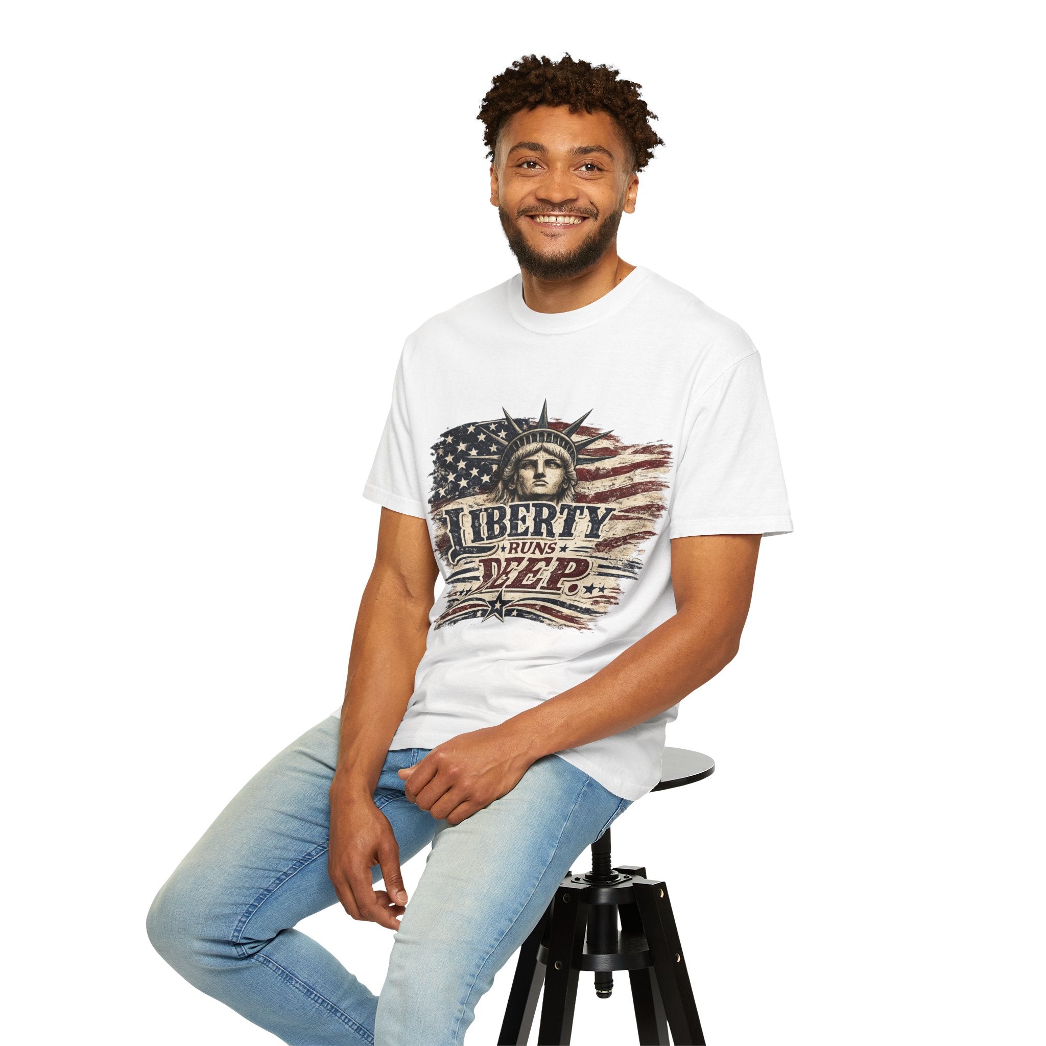Liberty Runs Deep T-Shirt — Vintage Statue of Liberty American Flag Tee