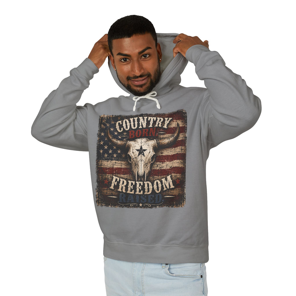Country Born Raised Freedom Hoodie — American Flag Bull Skull Graphic Hooded Sweatshirt