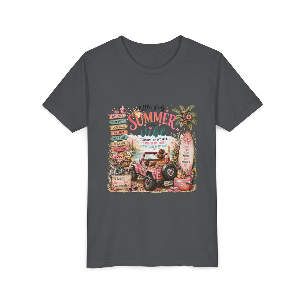 "Little Girls Summer Vibe" Tropical Jeep Surfboard Beach Graphic - Youth Tee