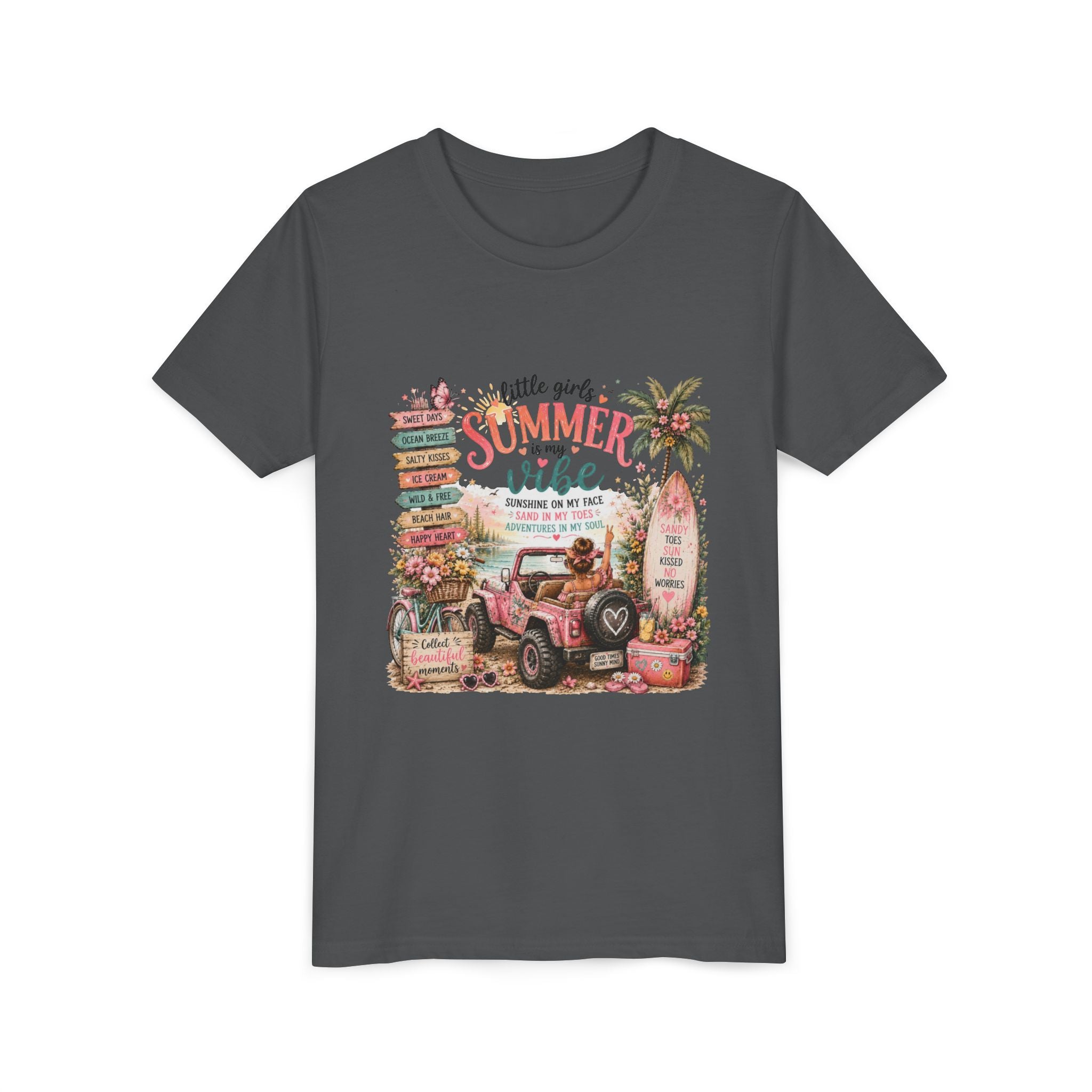 "Little Girls Summer Vibe" Tropical Jeep Surfboard Beach Graphic - Youth Tee