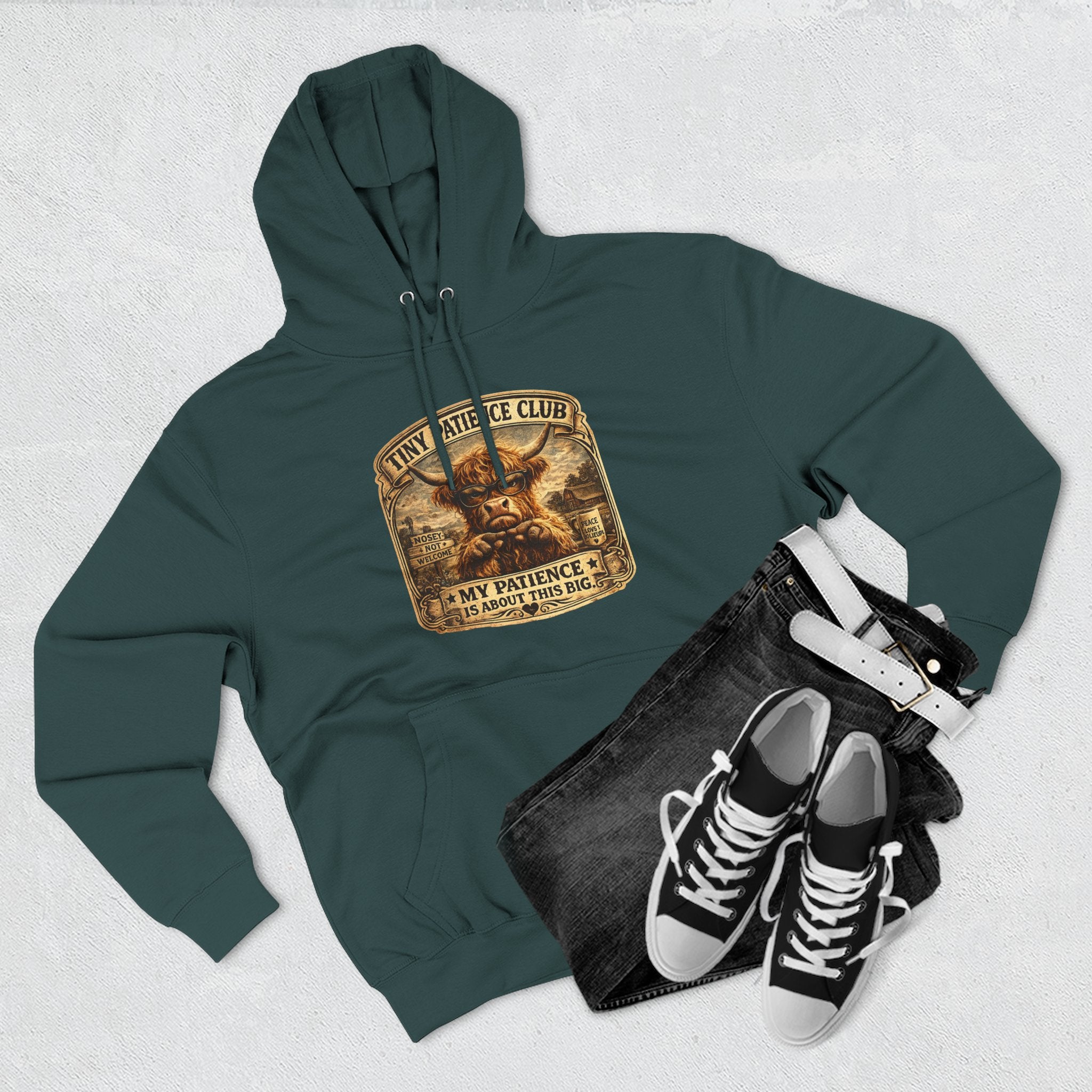 Tiny Patience Club Highland Cow Three-Panel Fleece Hoodie