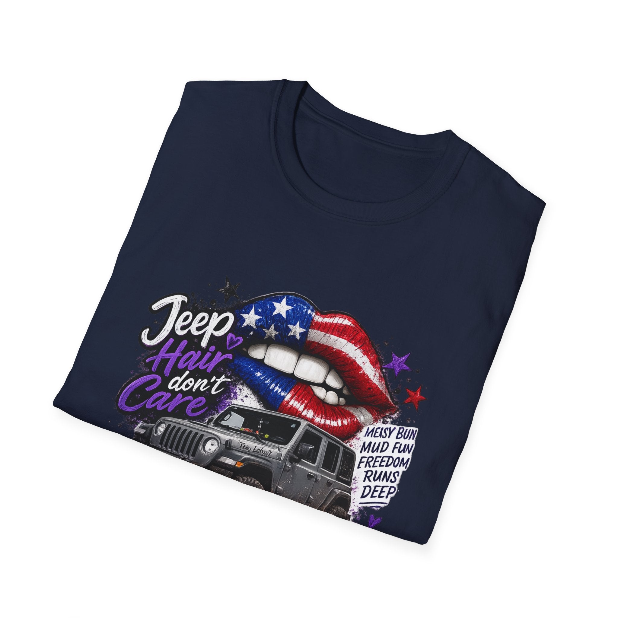 Jeep Hair Don't Care T-Shirt — American Flag Lips Off-Road Truck Tee