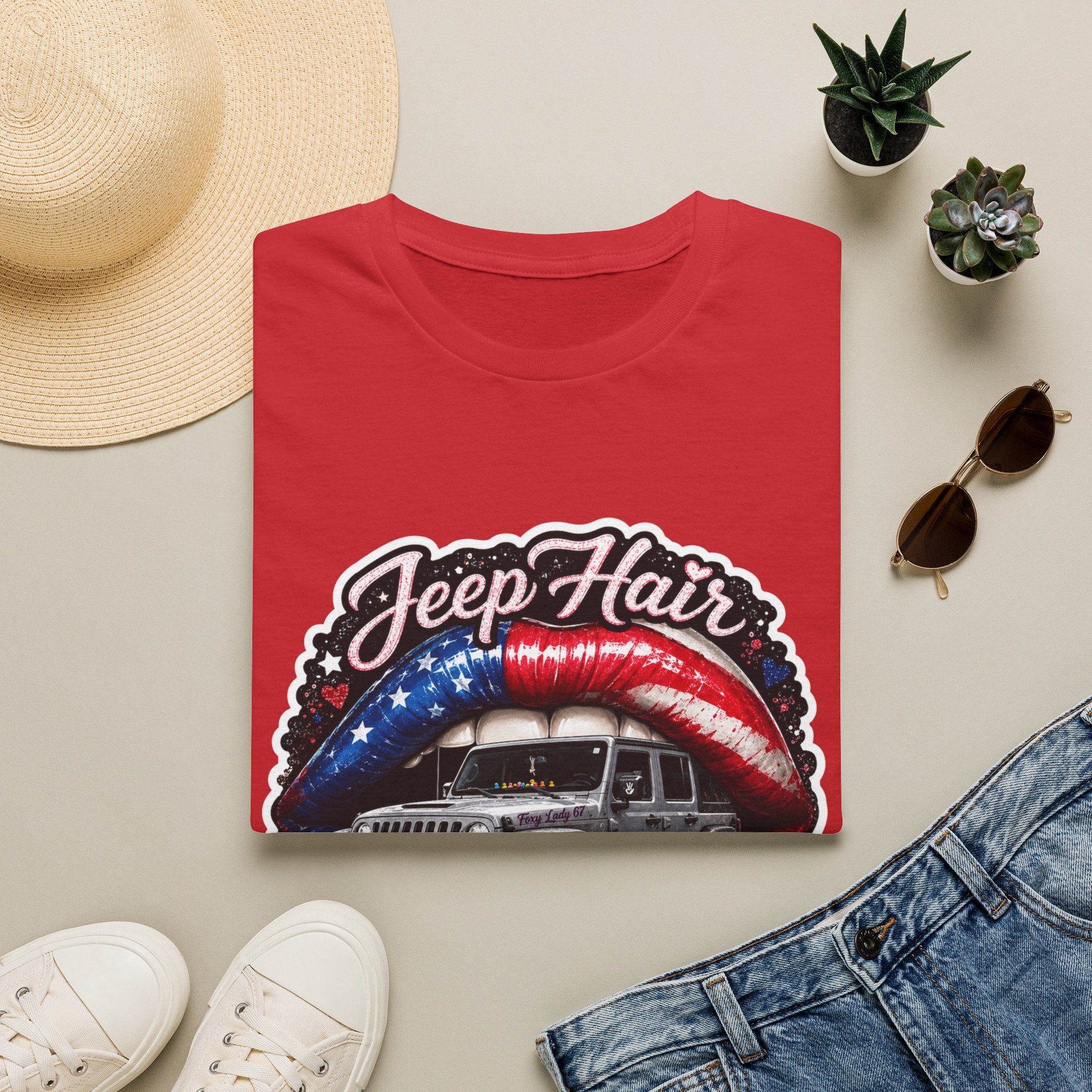 Jeep Hair Don't Care T-Shirt — American Flag Lips Off‑Road Graphic Tee