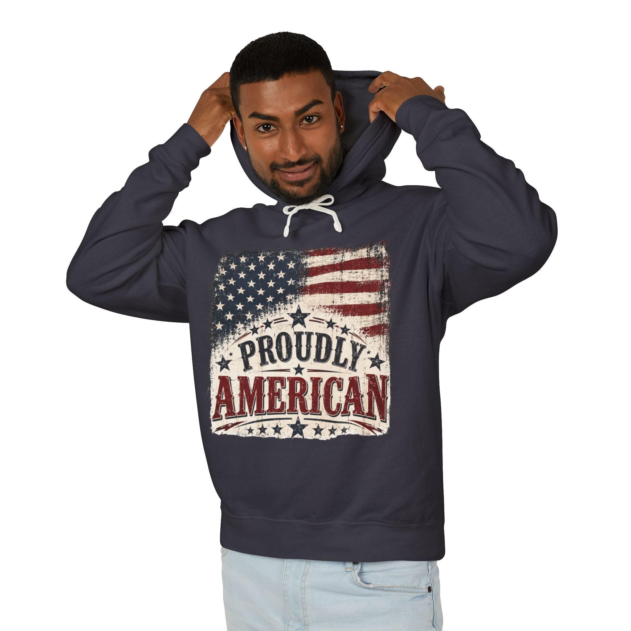 Proudly American Flag Hoodie — Patriotic USA Pullover for Fourth of July