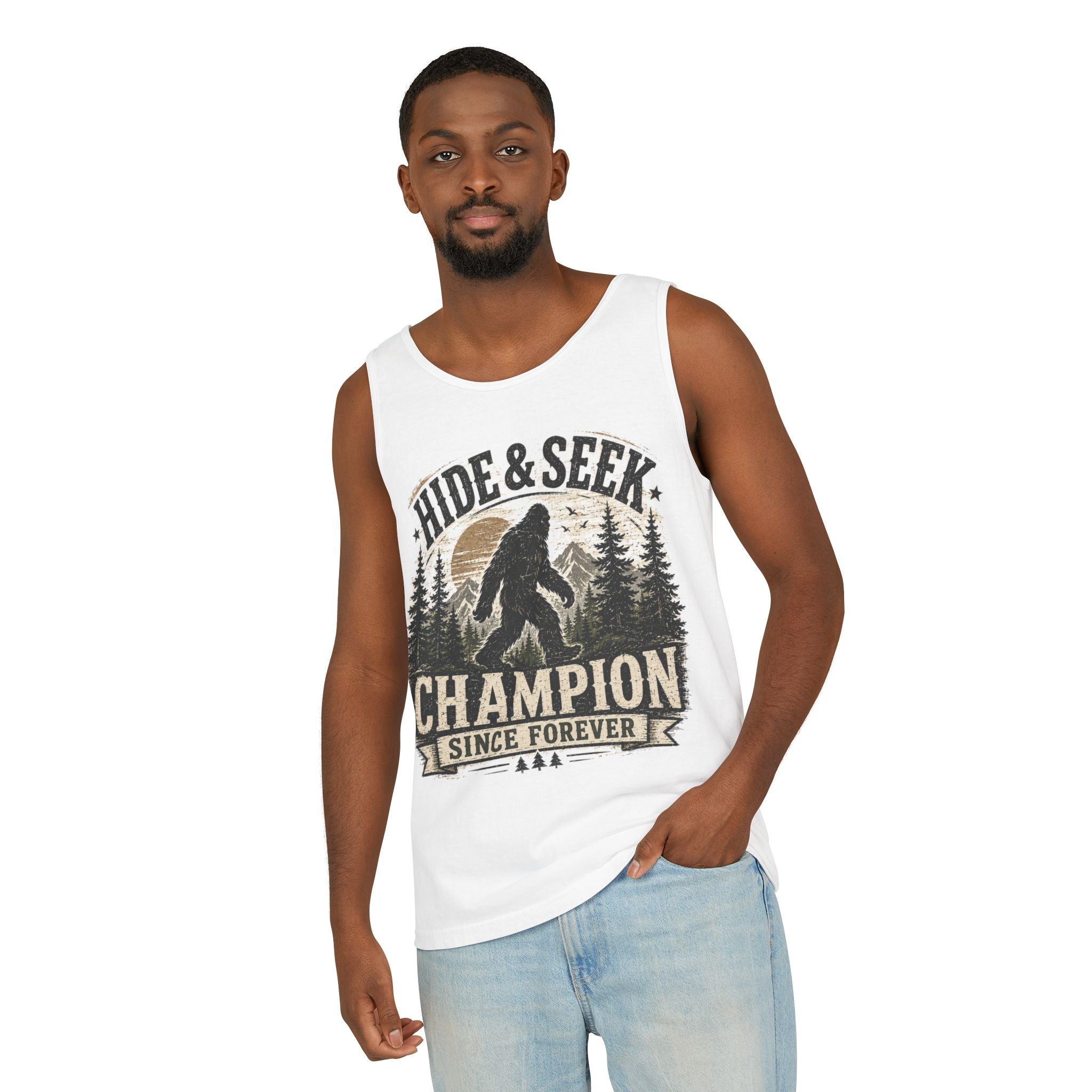 Hide & Seek Champion Tank Top — Funny Bigfoot Sasquatch Graphic Tank