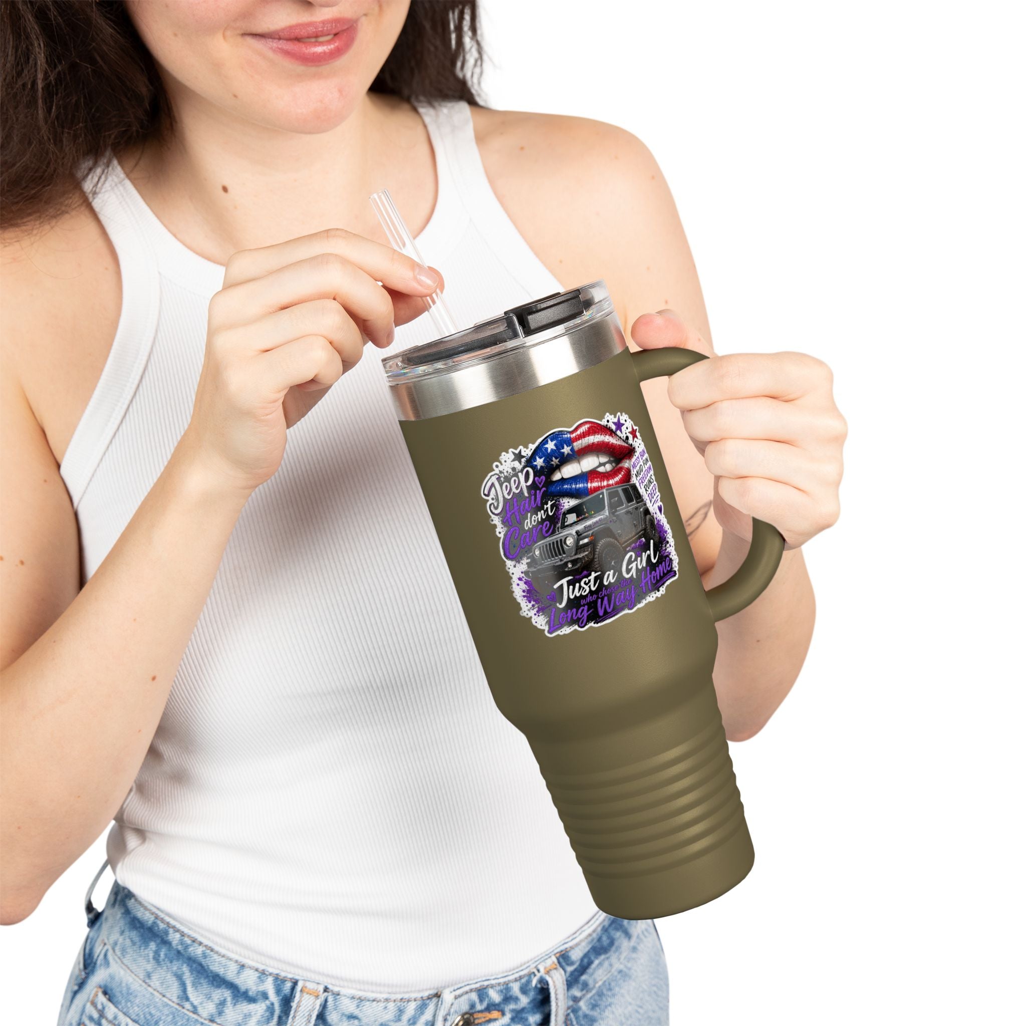 "Jeep Hair Don't Care" Patriotic Truck Design — 40oz Insulated Travel Mug