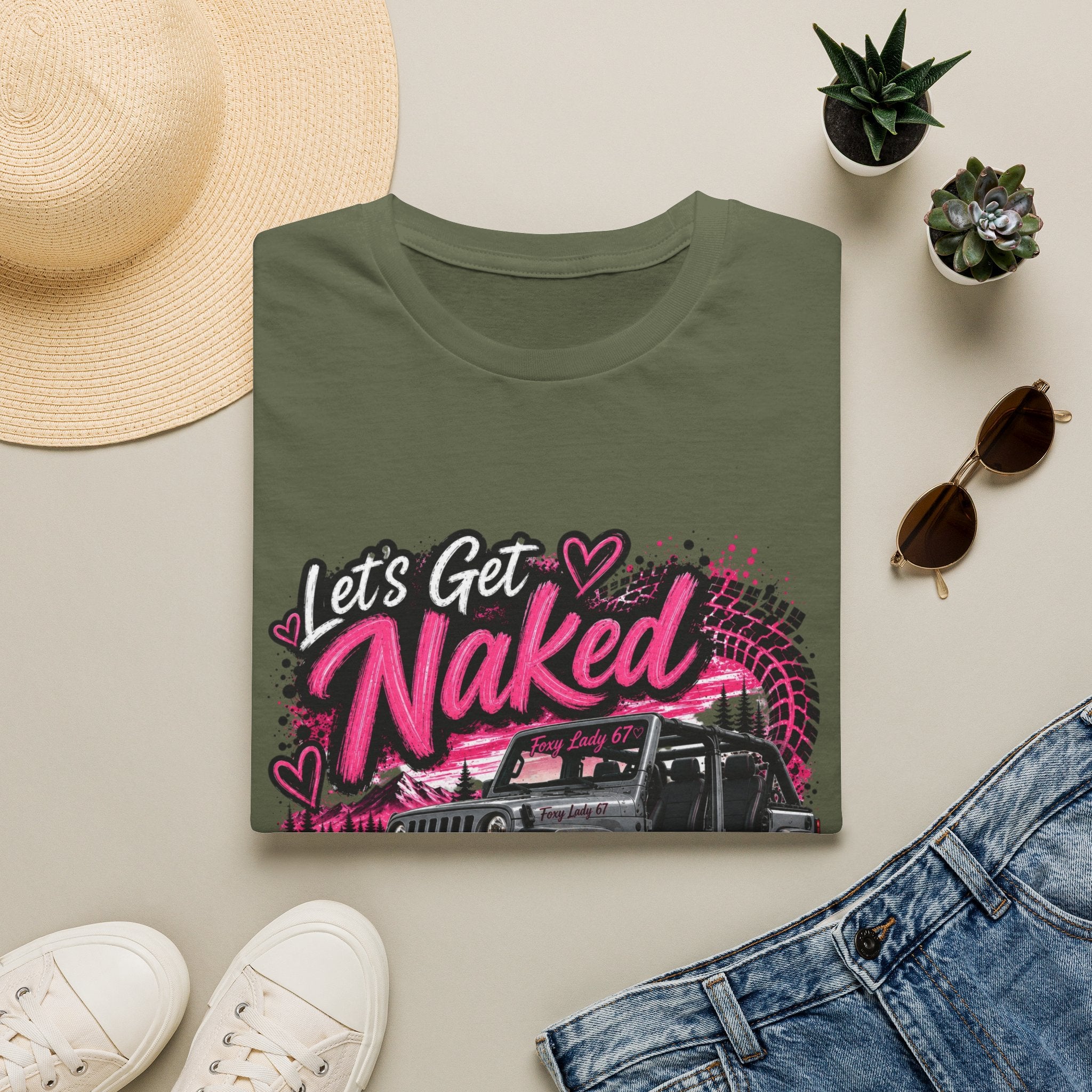 Jeep 'Let's Get Naked' Graphic T-Shirt — (Pink) Funny Off-Roading Top
