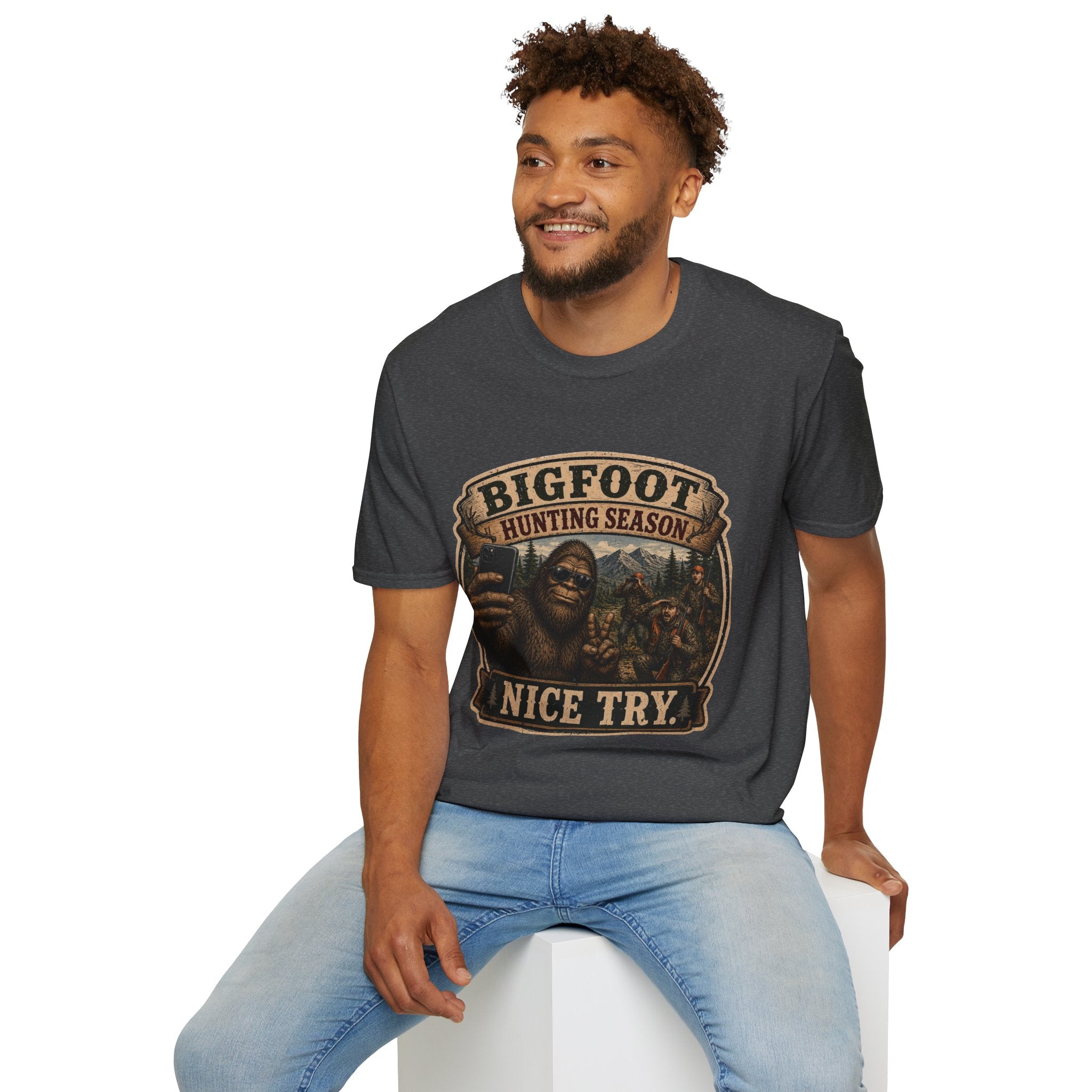 Bigfoot Hunting Season T-Shirt — 'Nice Try' Funny Sasquatch Tee