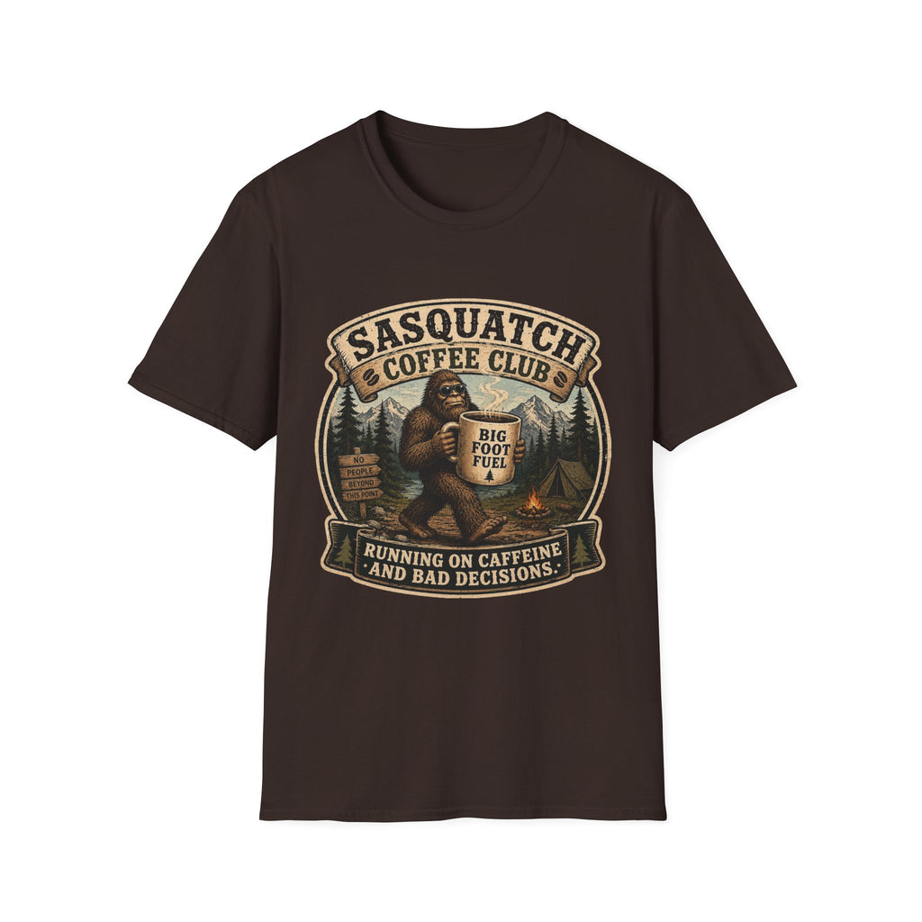 Sasquatch Coffee Club T-Shirt — "Running on Caffeine and Bad Decisions"