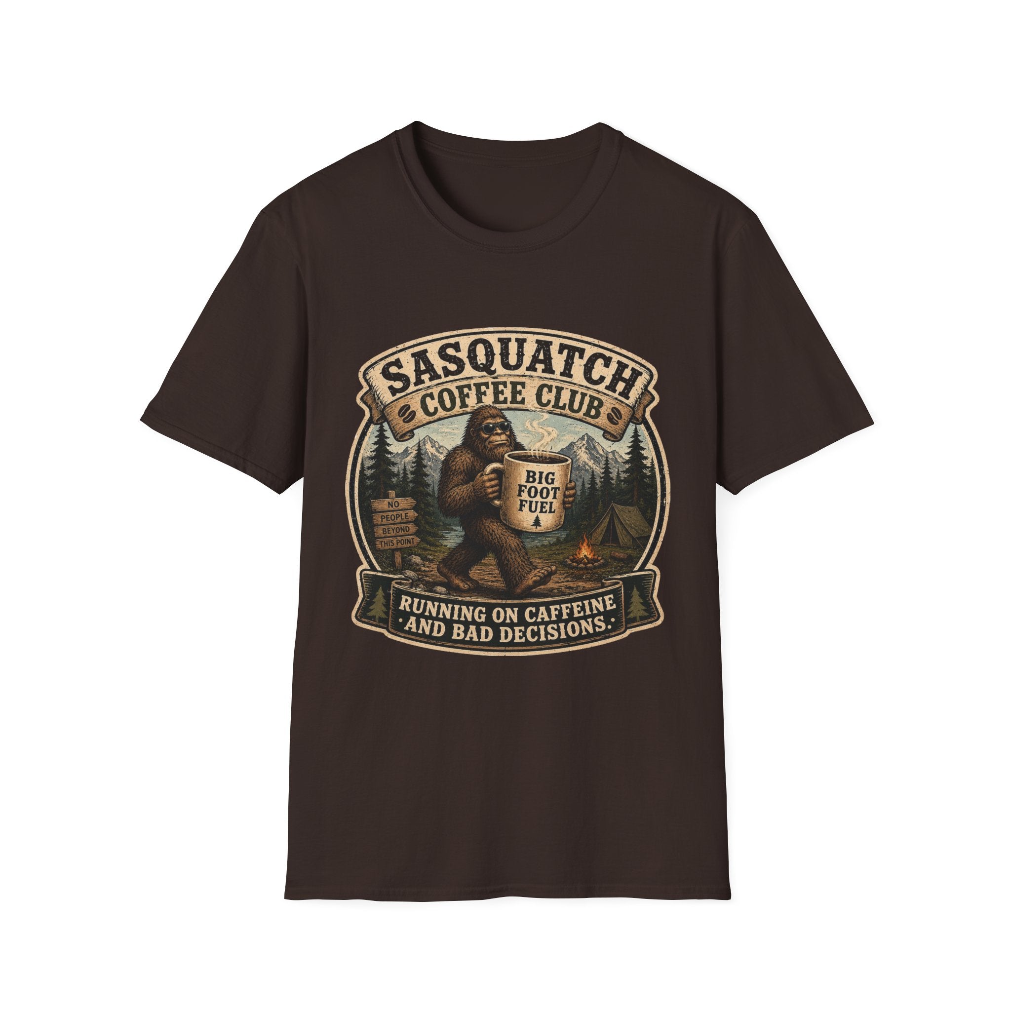 Sasquatch Coffee Club T-Shirt — "Running on Caffeine and Bad Decisions"