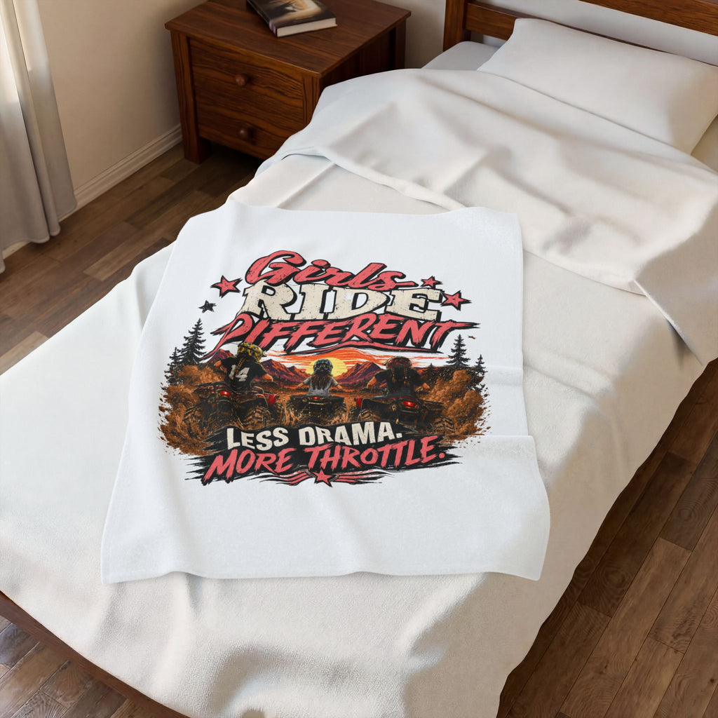 "Girls Ride Different: Less Drama, More Throttle" ATV Graphic Throw — Plush Blanket