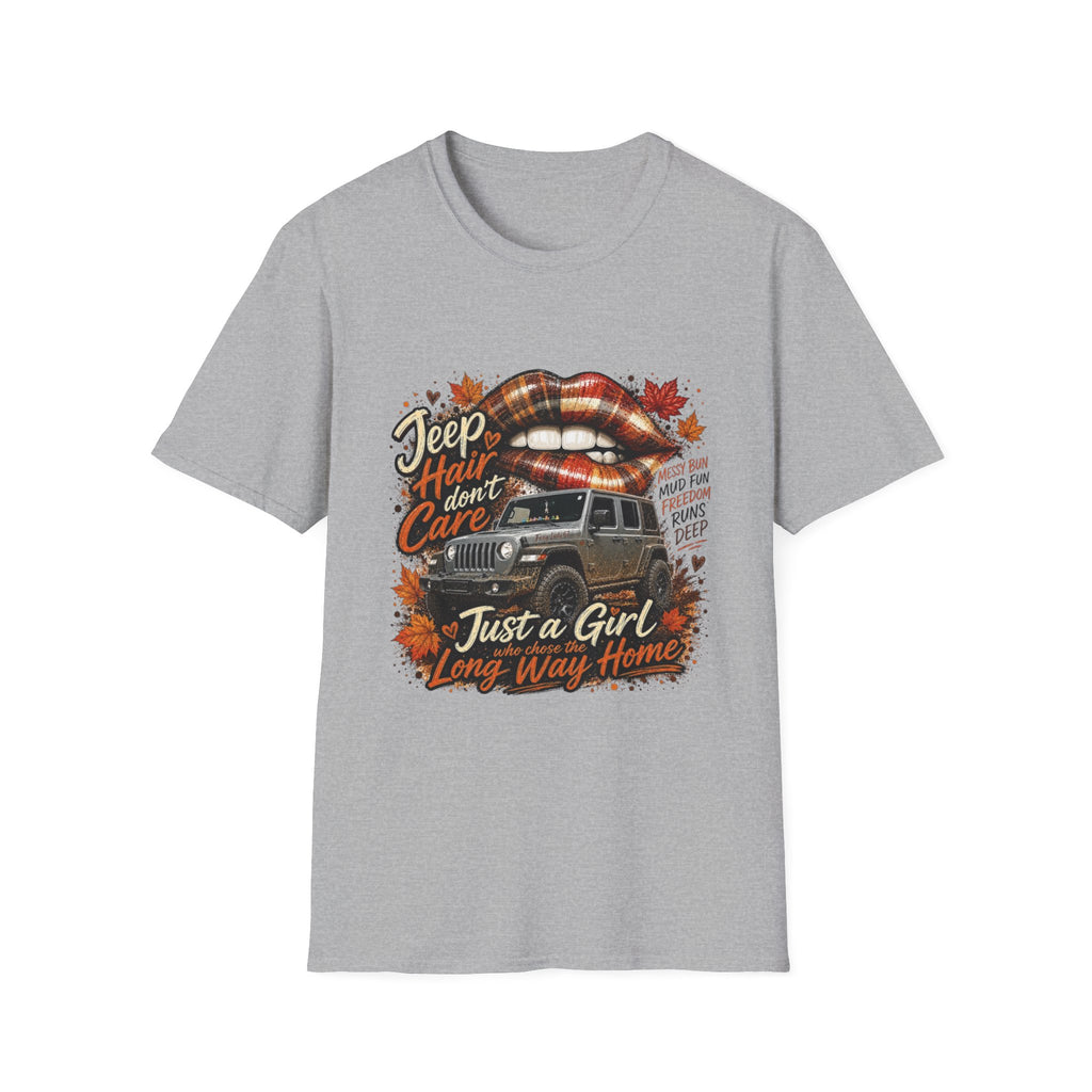 Jeep Hair Don't Care T‑Shirt — 'Just a Girl, Long Way Home' Adventure Graphic Tee