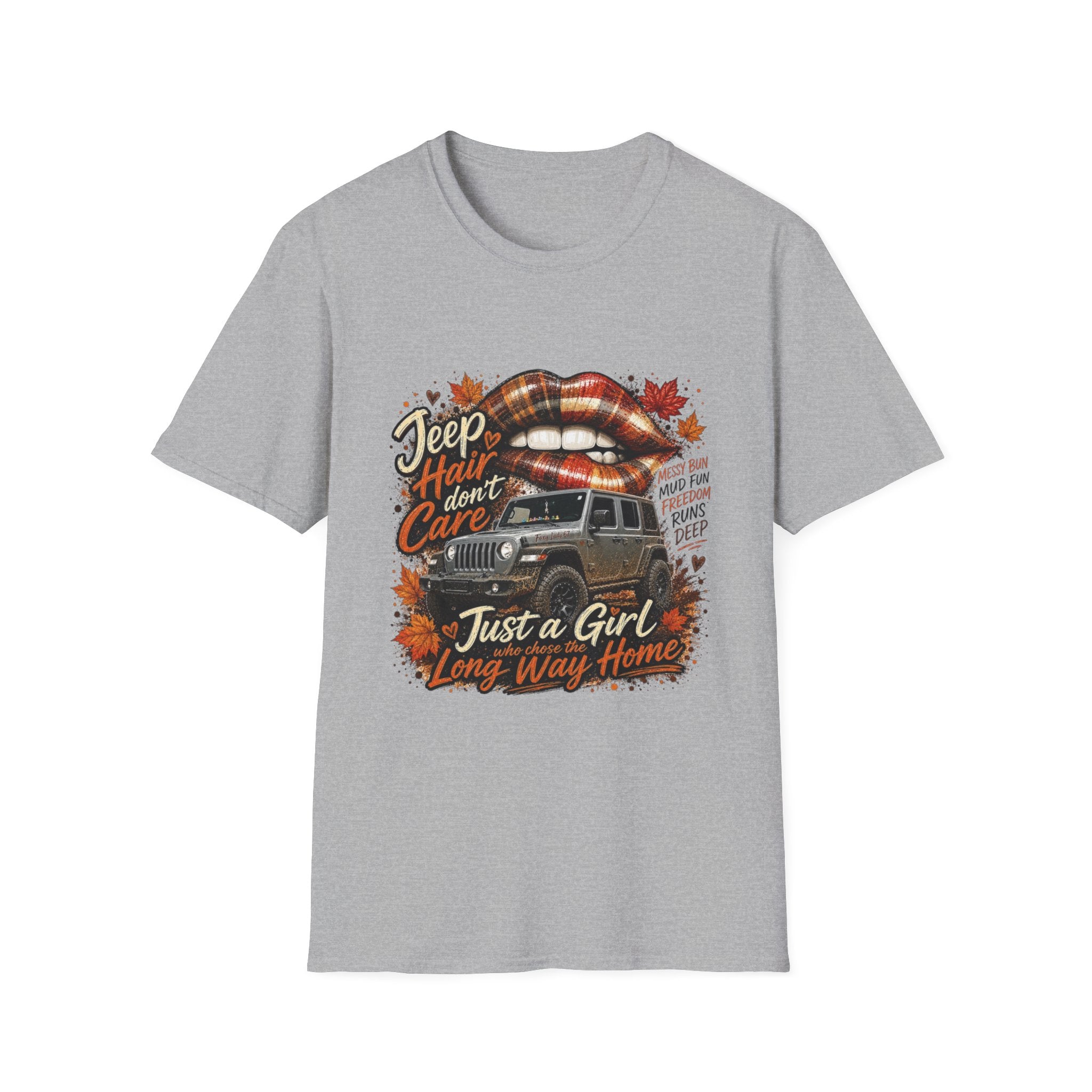 Jeep Hair Don't Care T‑Shirt — 'Just a Girl, Long Way Home' Adventure Graphic Tee