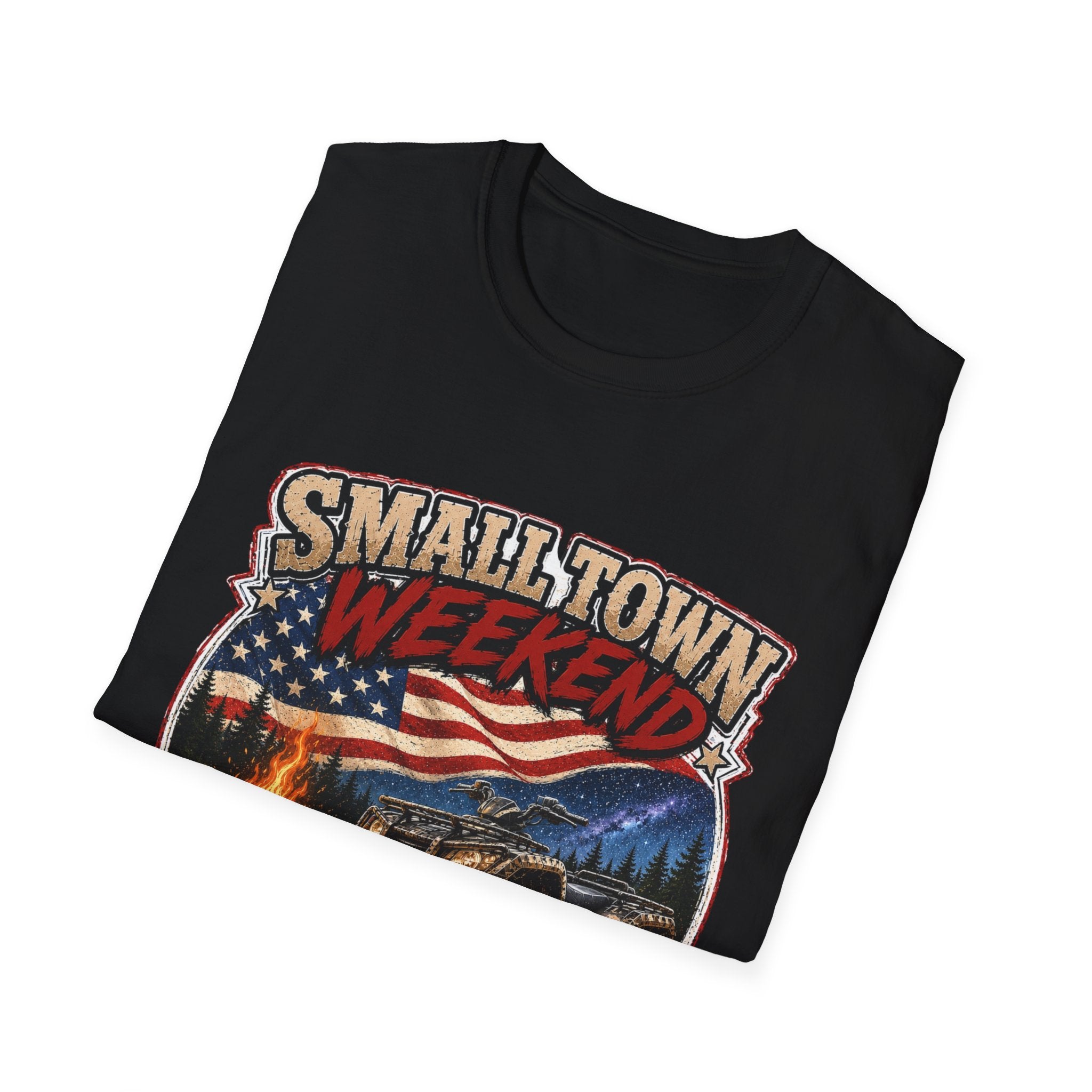 Small Town Weekend T-Shirt — Americana Flag, Bonfire & ATV Retro Graphic
