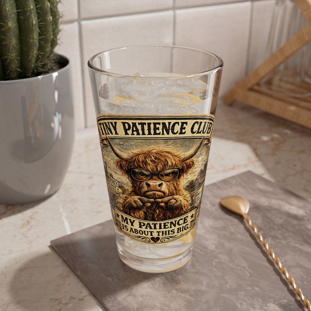 'Tiny Patience Club' Highland Cow Cocktail Pint Glass — 16oz Mixing Glass