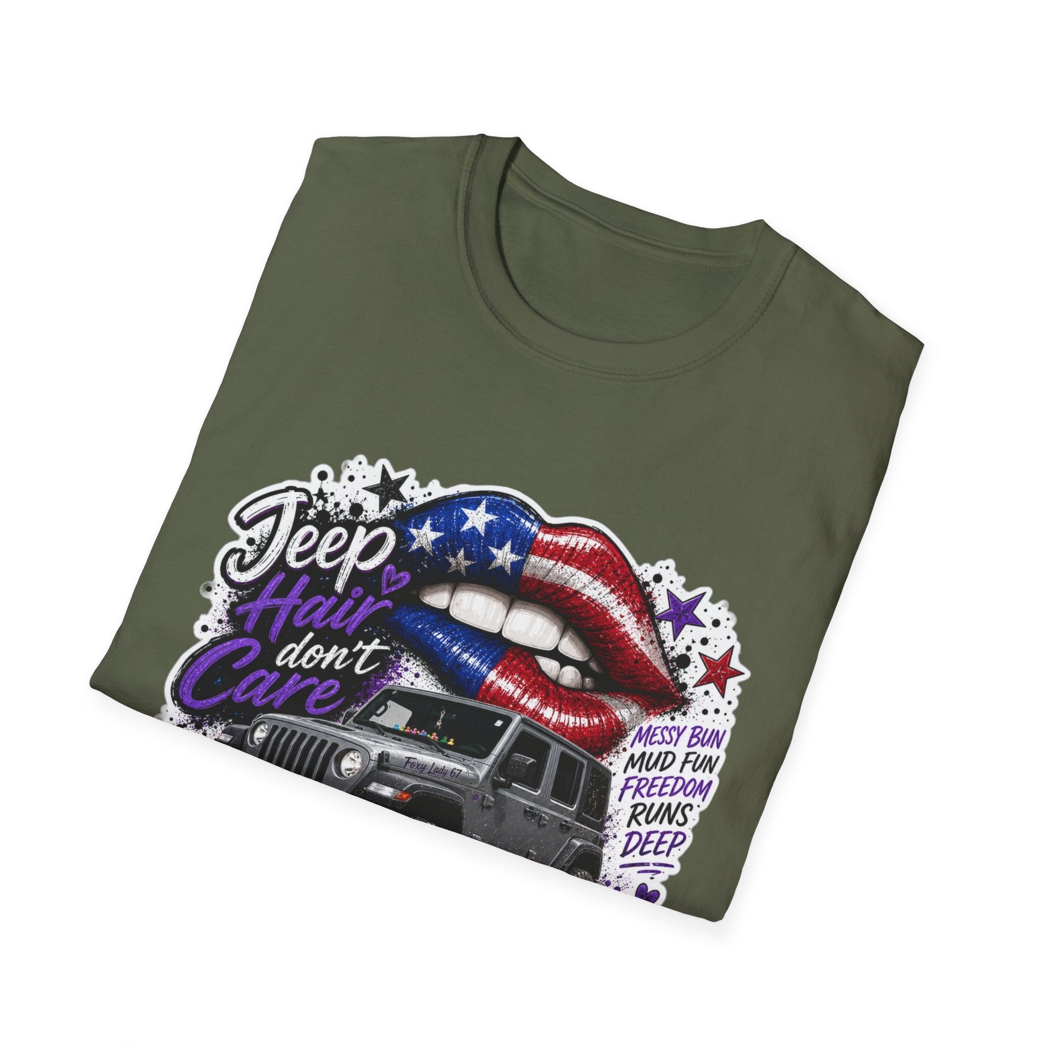 Jeep Hair Don't Care T-Shirt — American Flag Lips Off-Road Truck Tee