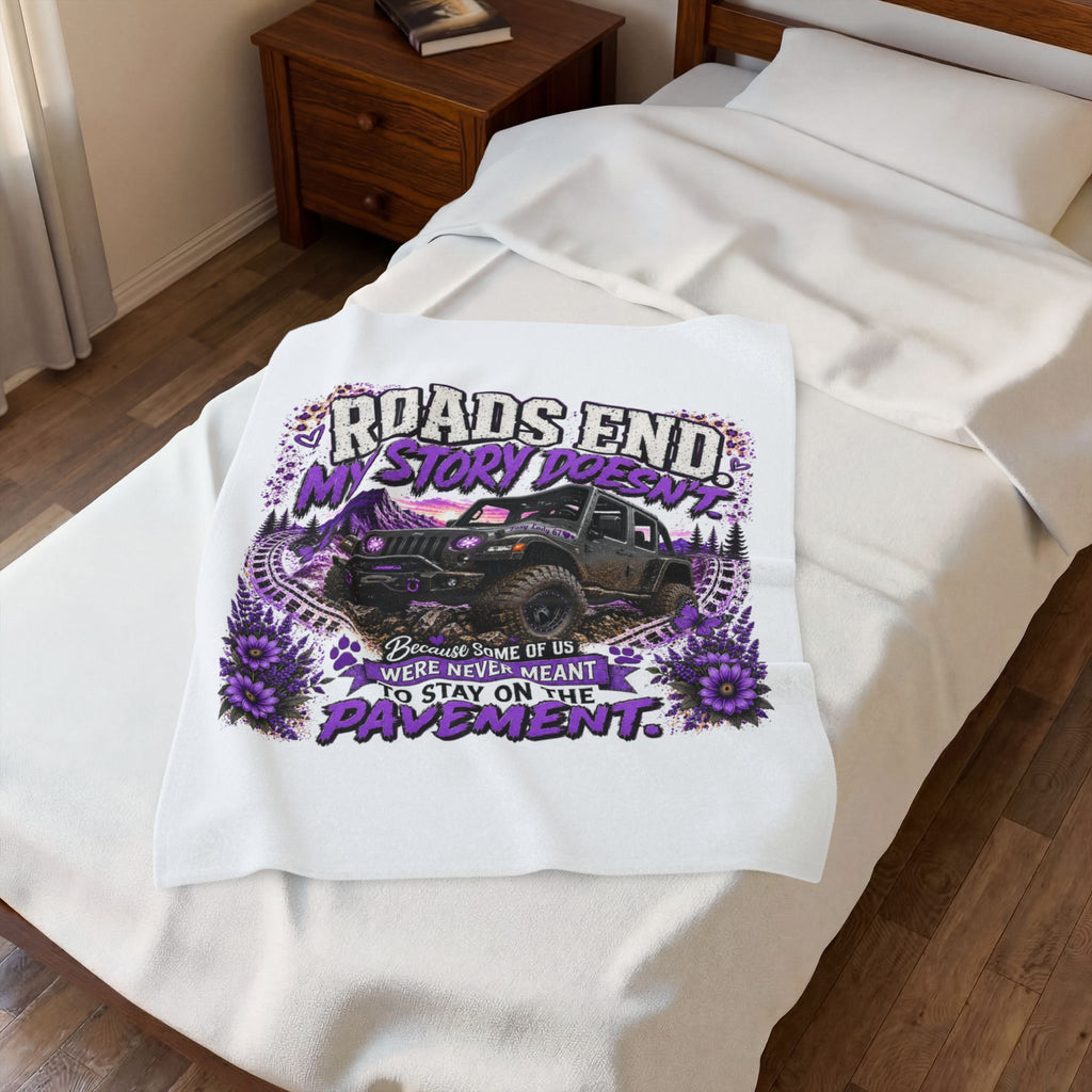 “Roads End, My Story Doesn’t” Adventure Throw (Purple) — Off-Road Jeep Plush Blanket