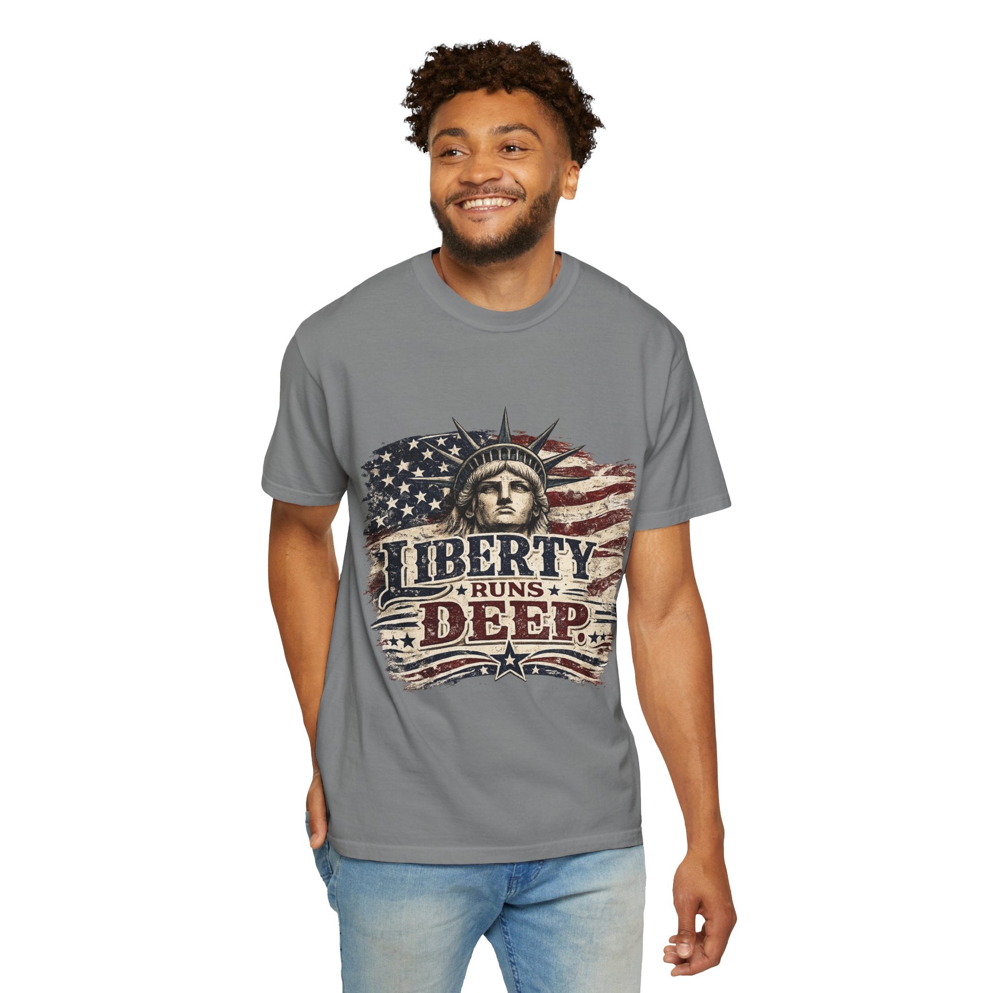 Liberty Runs Deep T-Shirt — Vintage Statue of Liberty American Flag Tee
