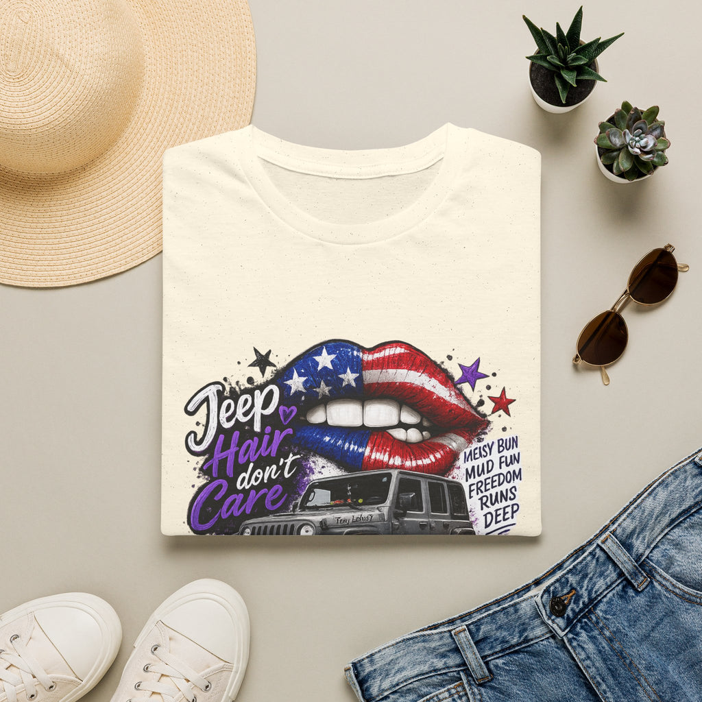 Jeep Hair Don't Care T-Shirt — American Flag Lips Off-Road Truck Tee