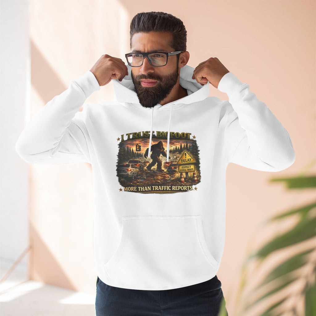 Bigfoot Forest Hoodie - "More Than Traffic Reports" Retro Sasquatch Graphic Hoodie