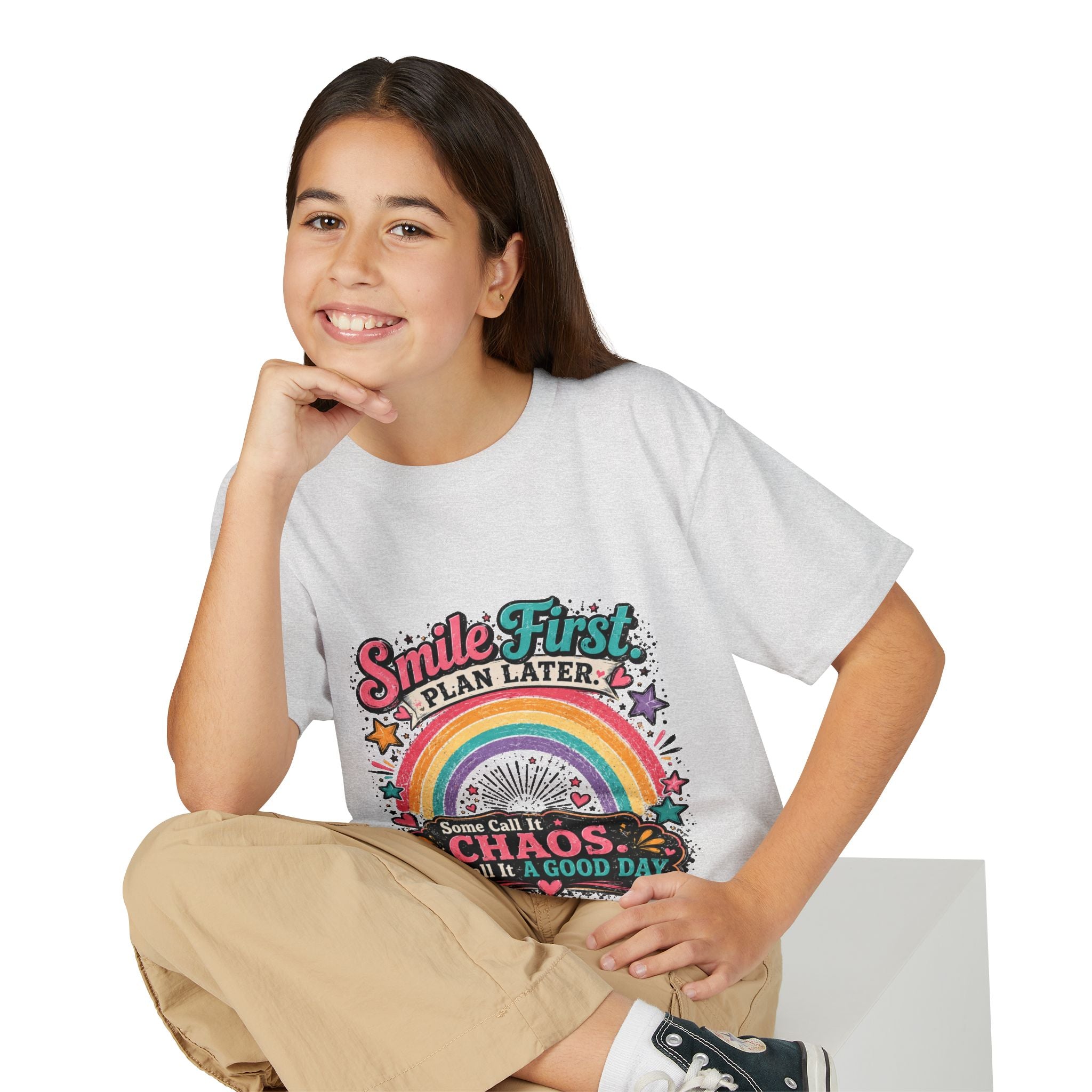 "Smile First, Plan Later" Rainbow Chaos Graphic Tee - Youth T-Shirt —