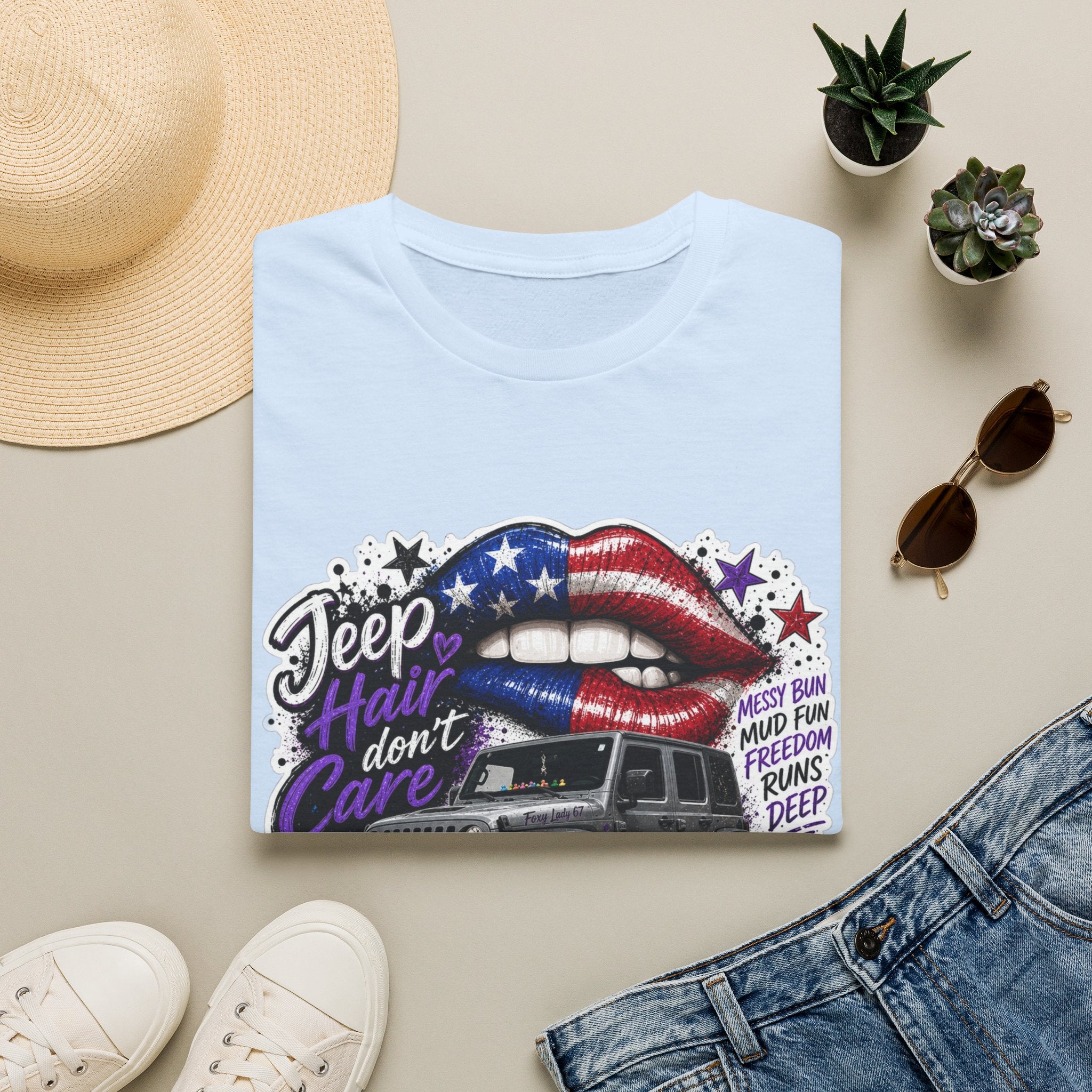 Jeep Hair Don't Care T-Shirt — American Flag Lips Off-Road Truck Tee