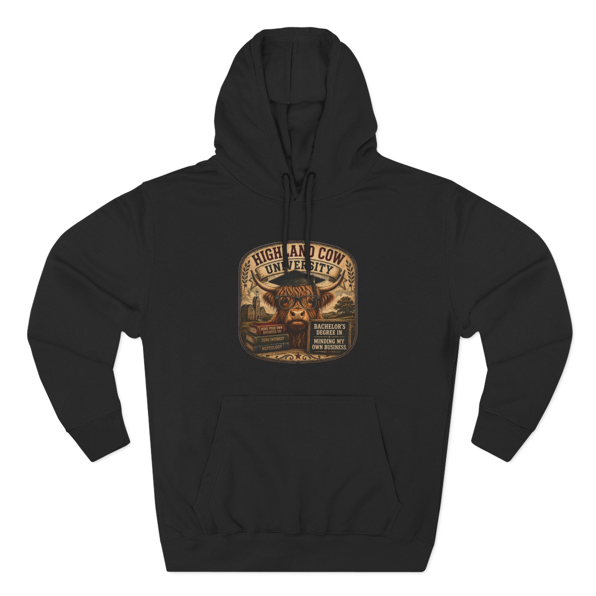 Highland Cow University Three-Panel Fleece Hoodie