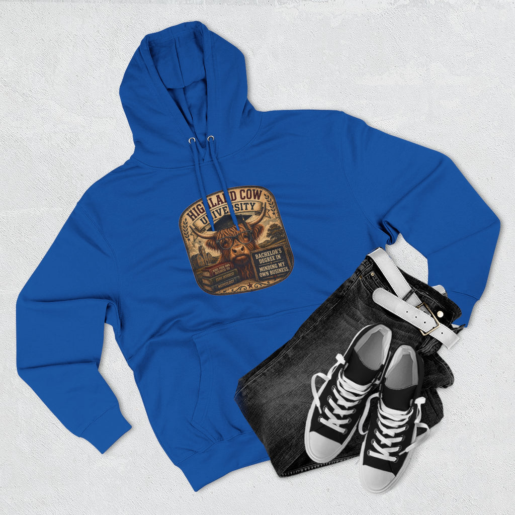 Highland Cow University Three-Panel Fleece Hoodie
