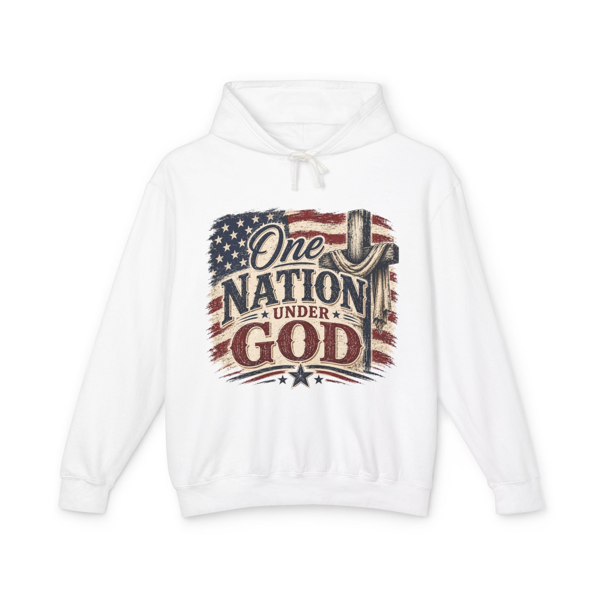 One Nation Under God Hoodie — Patriotic American Flag Cross Sweatshirt