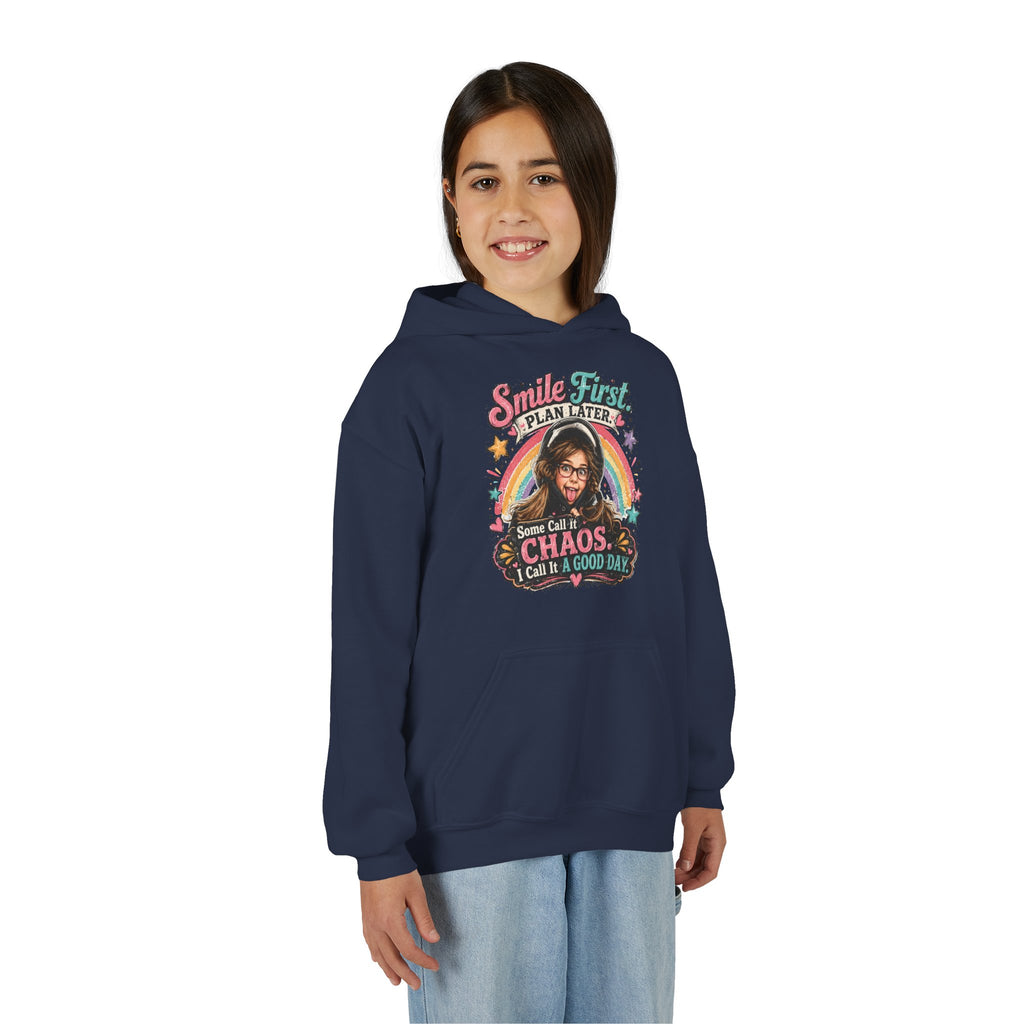 “Smile First, Plan Later” Retro Rainbow Chaos Graphic — Youth Hoodie