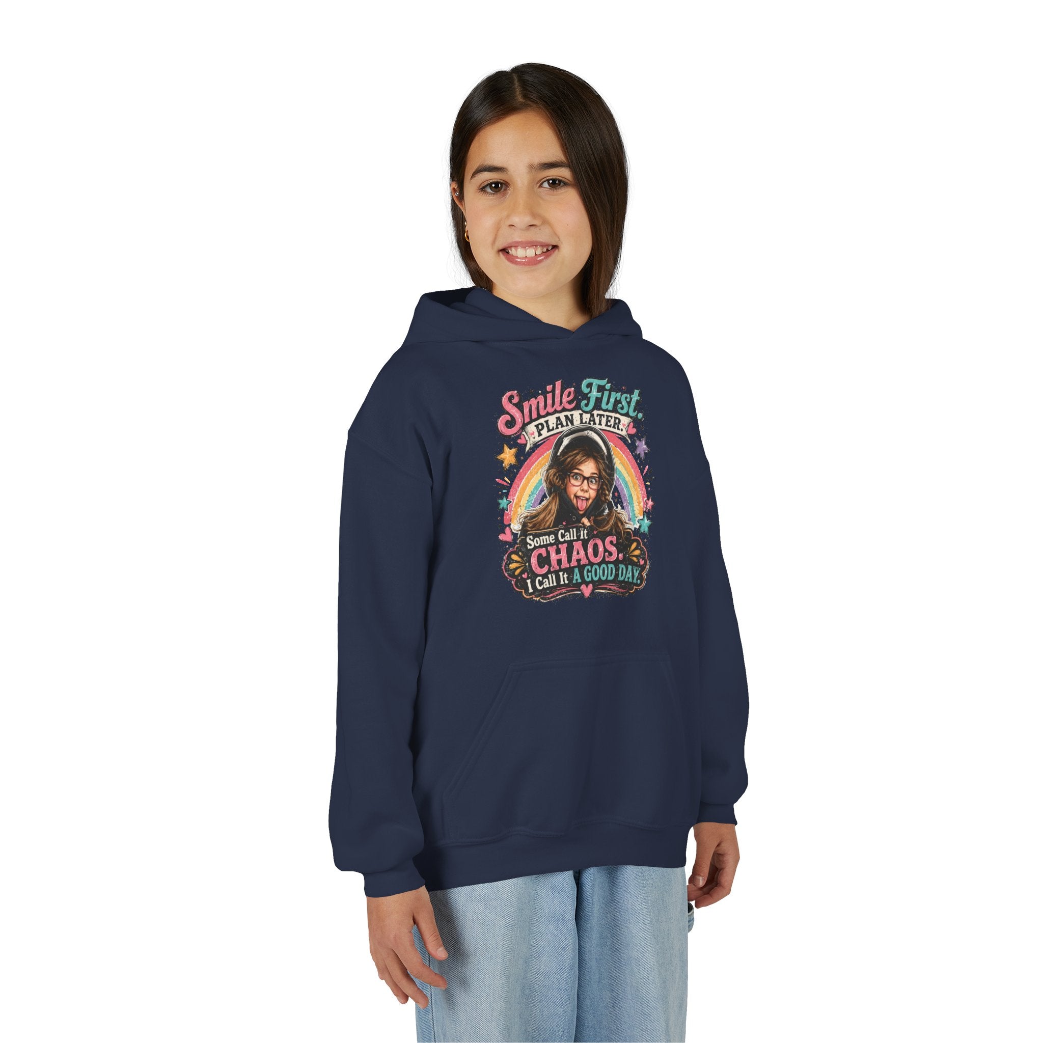 “Smile First, Plan Later” Retro Rainbow Chaos Graphic — Youth Hoodie
