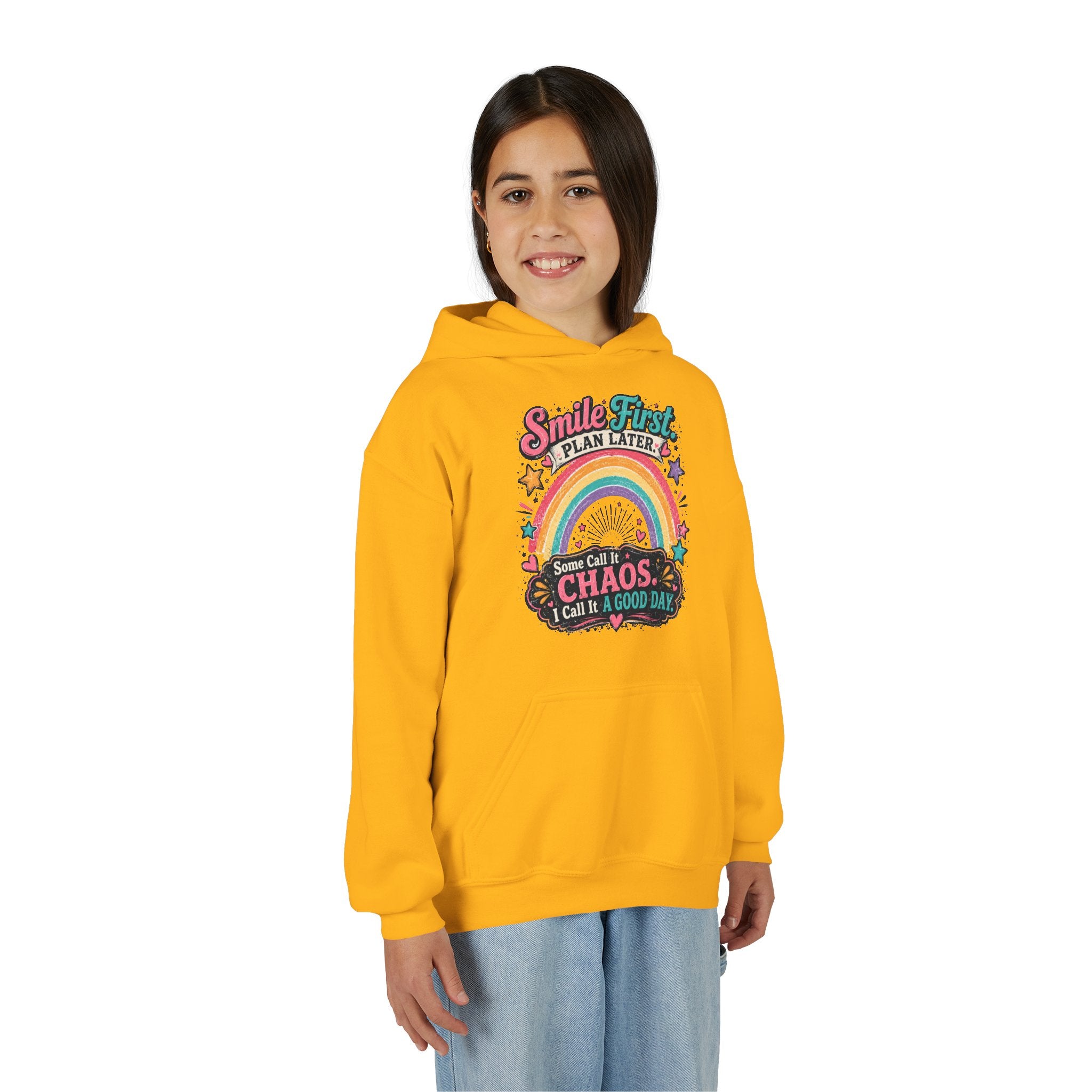 "Smile First, Plan Later" Rainbow Chaos Quote Pullover - Youth Hoodie -