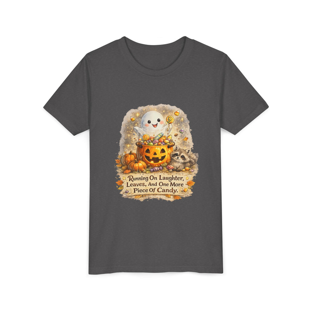 Cute Ghost, Pumpkin Candy & 'Running On Laughter, Leaves, And One More Piece Of Candy' — Youth Halloween Tee
