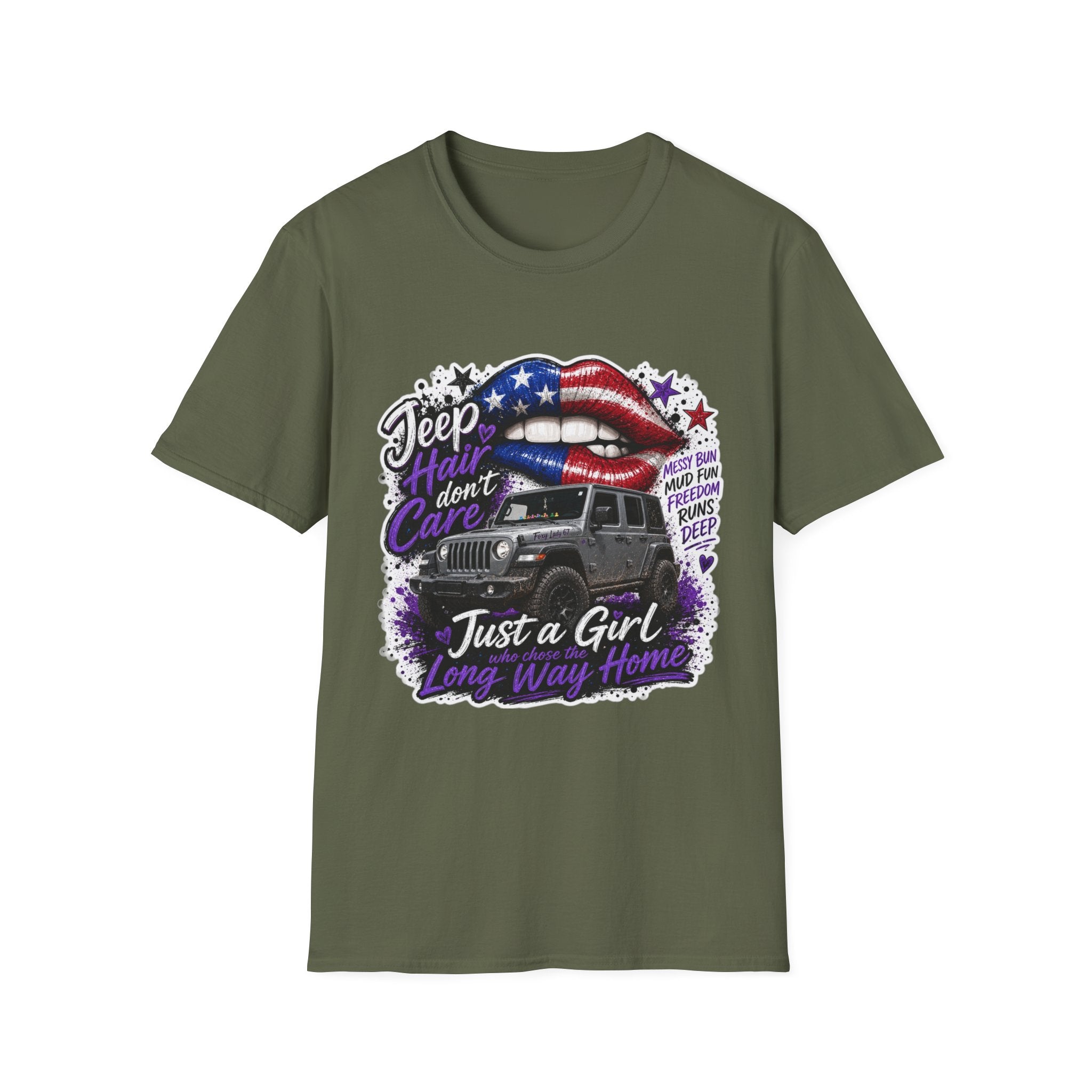 Jeep Hair Don't Care T-Shirt — American Flag Lips Off-Road Truck Tee