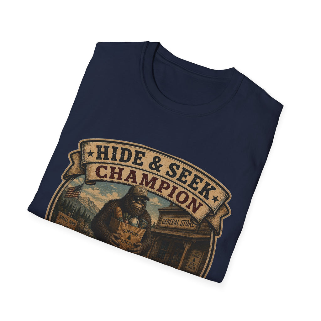 Hide & Seek Champion T-Shirt — Bigfoot Sasquatch Vintage Badge Design
