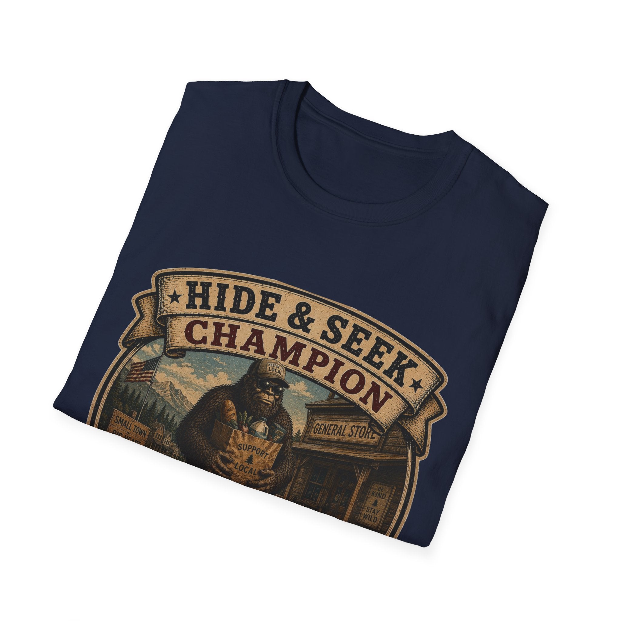Hide & Seek Champion T-Shirt — Bigfoot Sasquatch Vintage Badge Design
