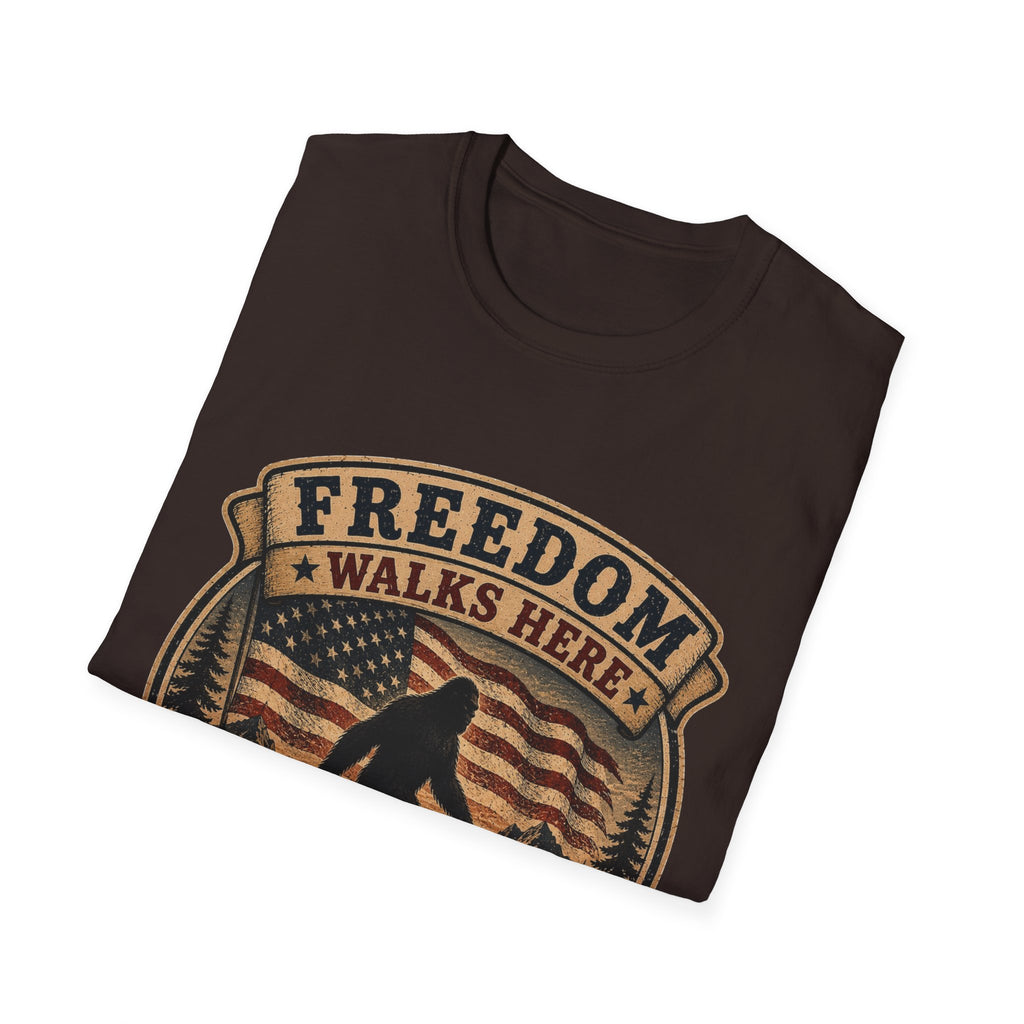Freedom Walks Here T-Shirt — Patriotic Bigfoot Graphic Tee