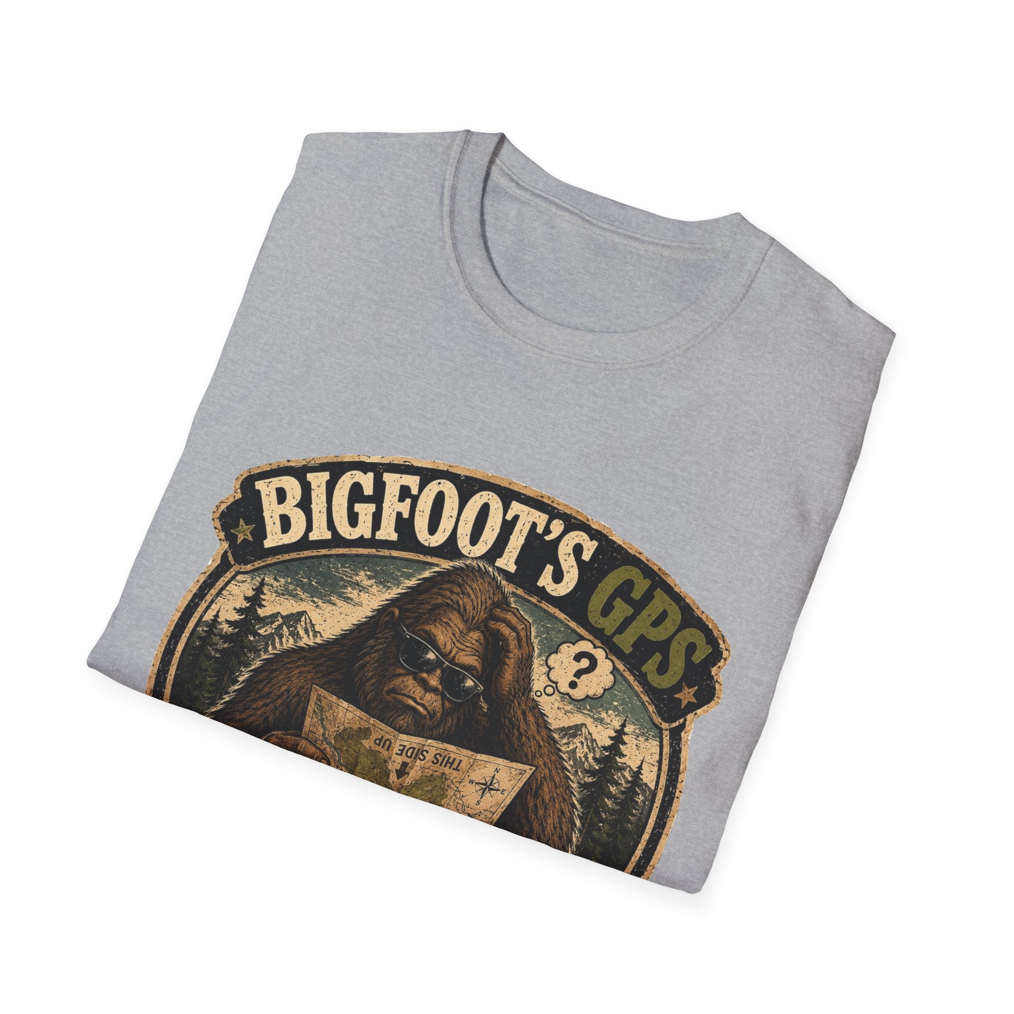 Bigfoot’s GPS T-Shirt — "Recalculating... Again" Retro Sasquatch Graphic Tee