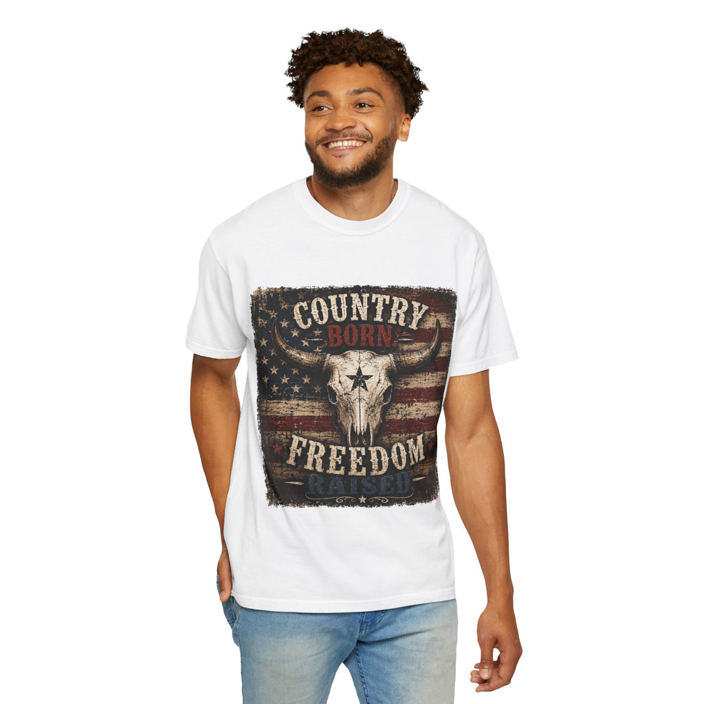 Country Born Freedom Raised T-Shirt — American Flag Steer Skull Graphic