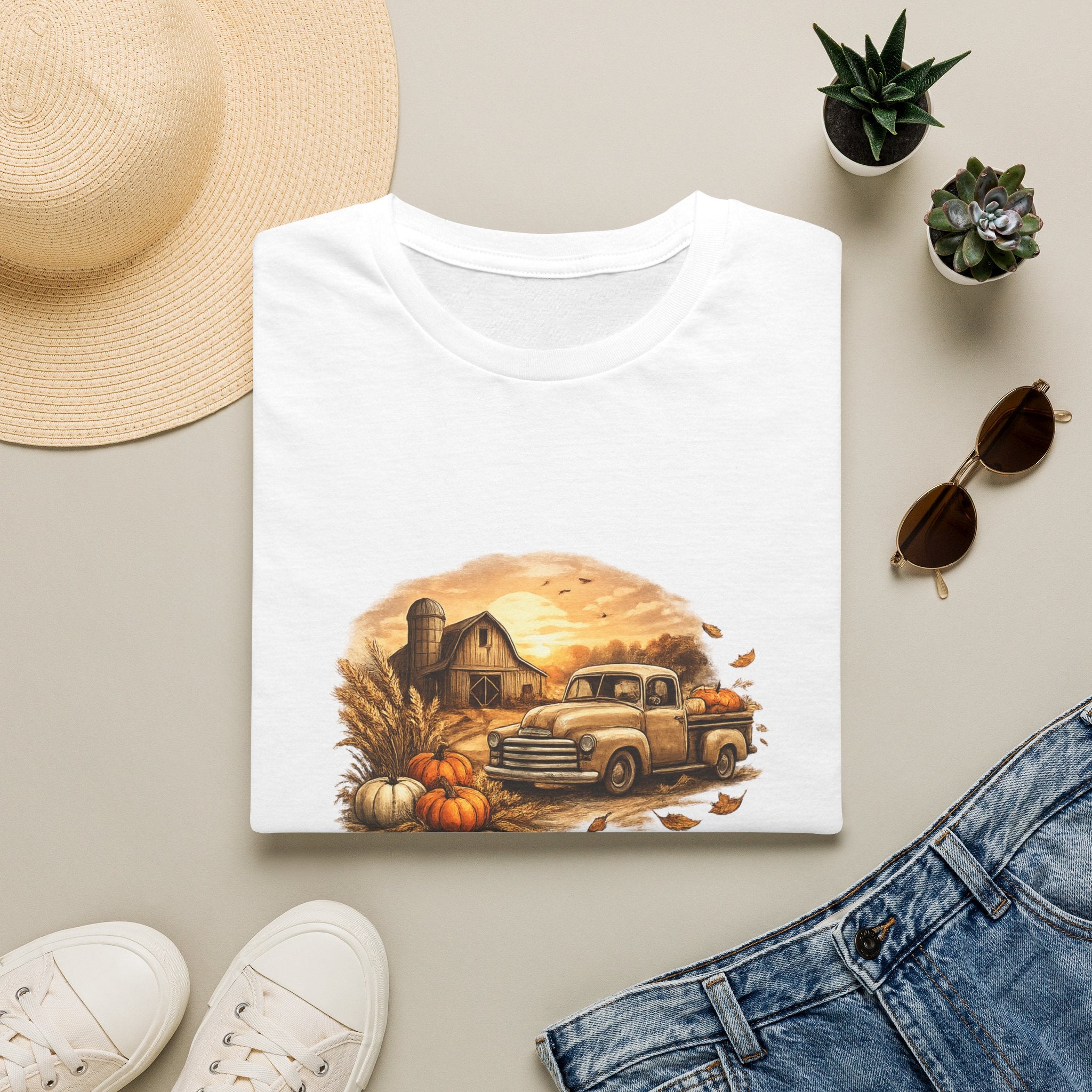 'Sunsets, Sweaters, and Dirt Roads' Vintage Autumn Tee — Fall Farm Truck T‑Shirt