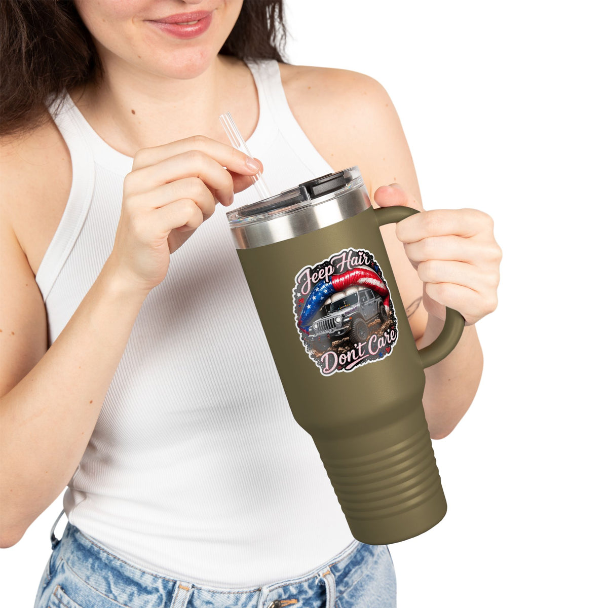 "Jeep Hair Don't Care" Patriotic Off‑Road Design — 40oz Insulated Travel Mug