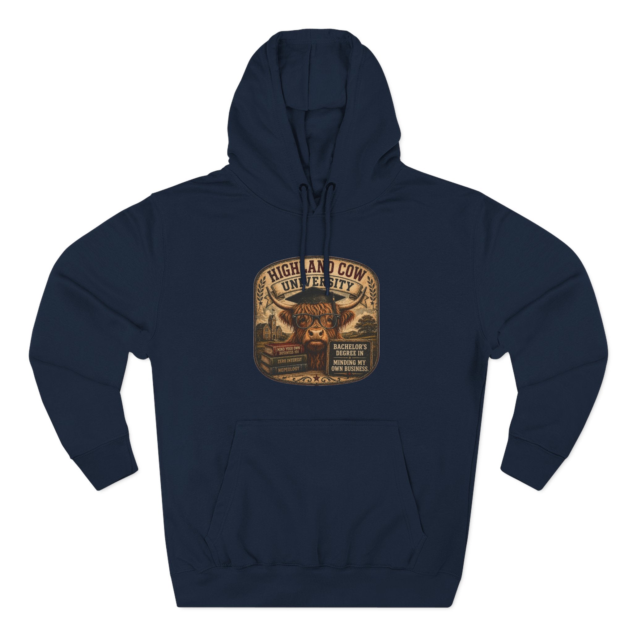 Highland Cow University Three-Panel Fleece Hoodie