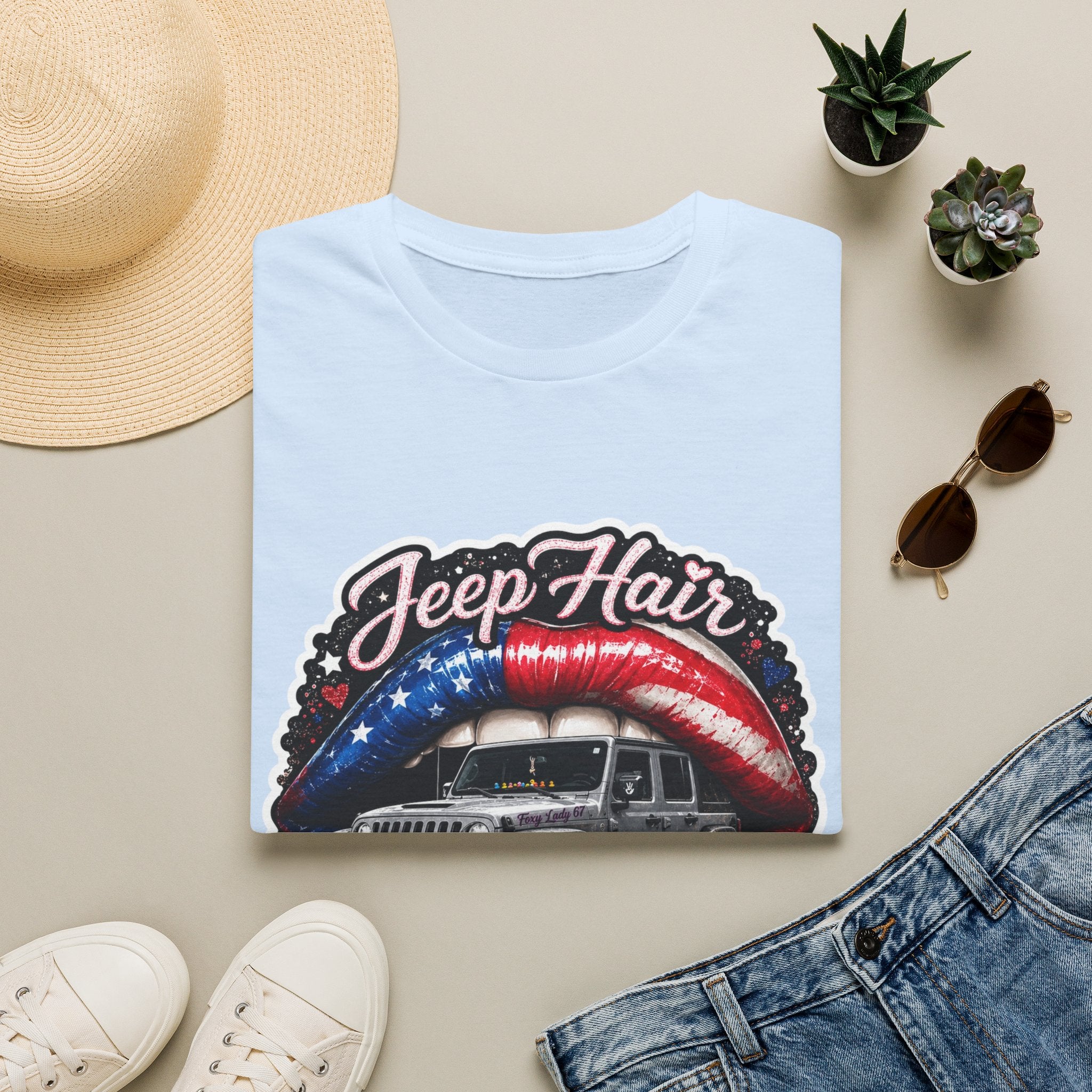 Jeep Hair Don't Care T-Shirt — American Flag Lips Off‑Road Graphic Tee