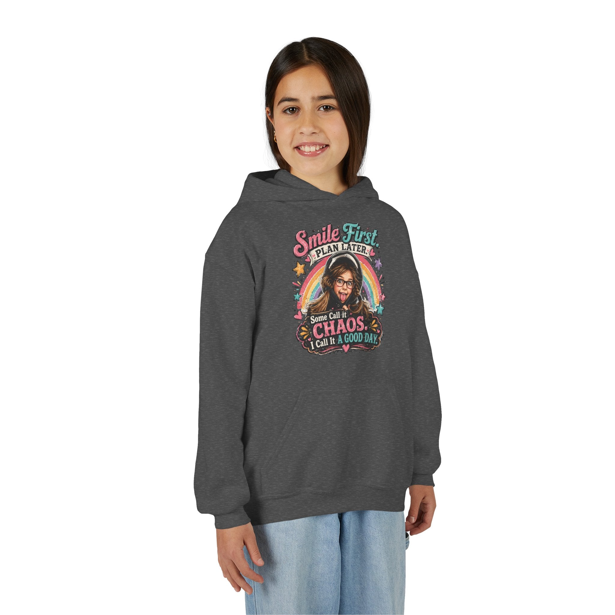 “Smile First, Plan Later” Retro Rainbow Chaos Graphic — Youth Hoodie