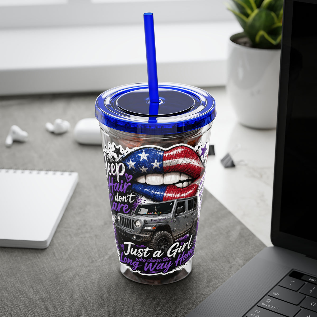 Jeep Girl 16oz Tumbler with Straw — American Flag Lips ‘Jeep Hair Don’t Care’ Design