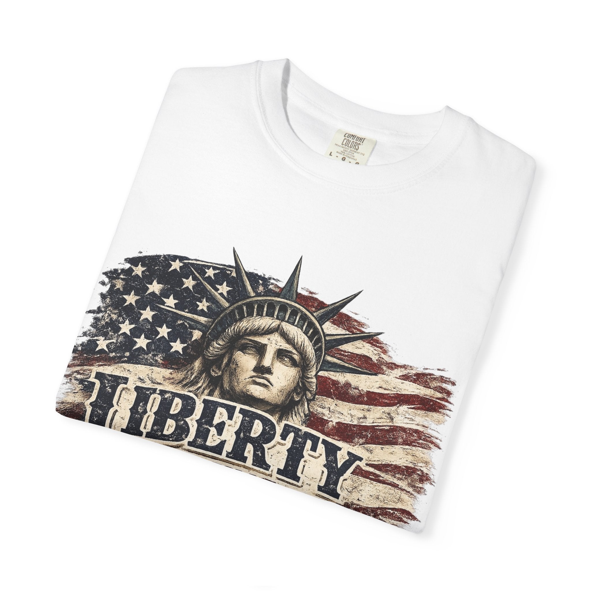 Liberty Runs Deep T-Shirt — Vintage Statue of Liberty & American Flag Graphic